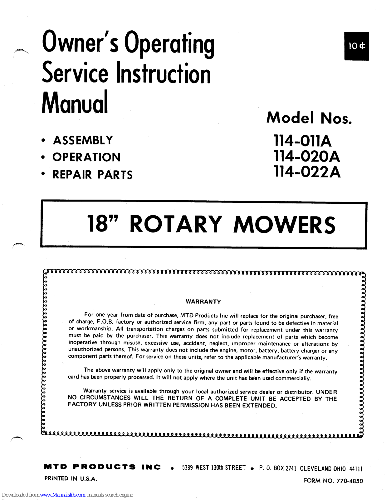 MTD 114-011A, 114-020A, 114-022A Owner's Operating Service Instruction Manual