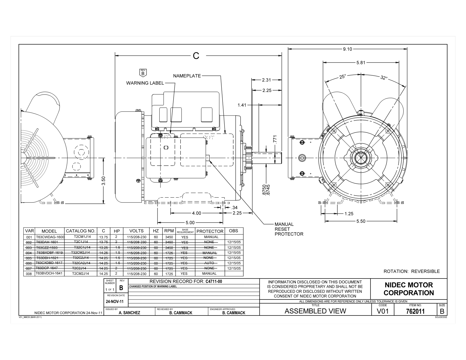 US Motors T2CM1J14 Dimensional Sheet