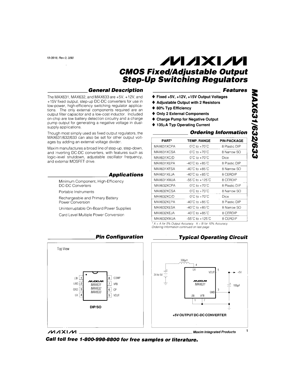 Maxim MAX633AC-D, MAX633ACPA, MAX633ACSA, MAX633BMJA, MAX633BESA Datasheet