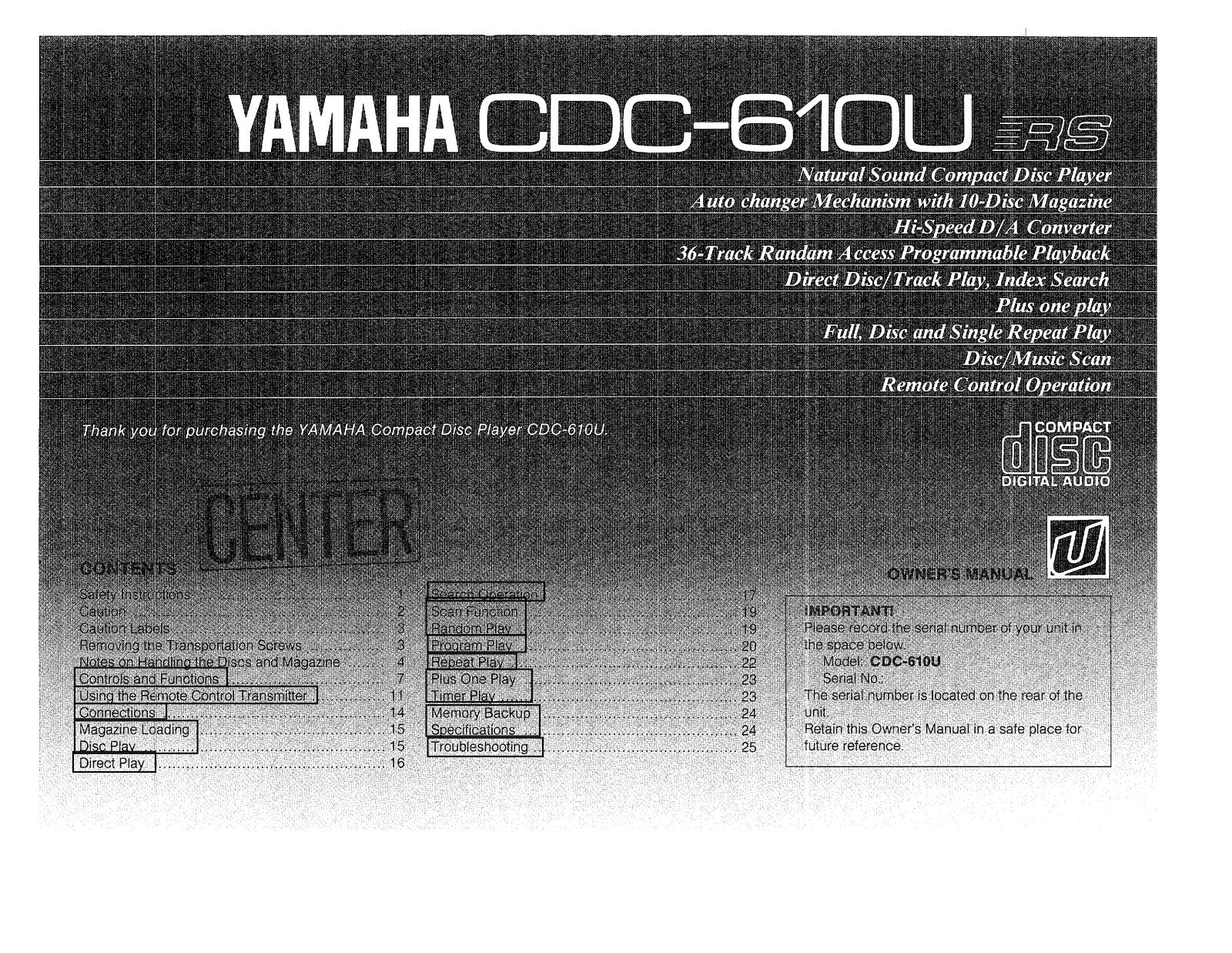 Yamaha CDC-610U, CDC-610URS Owner Manual