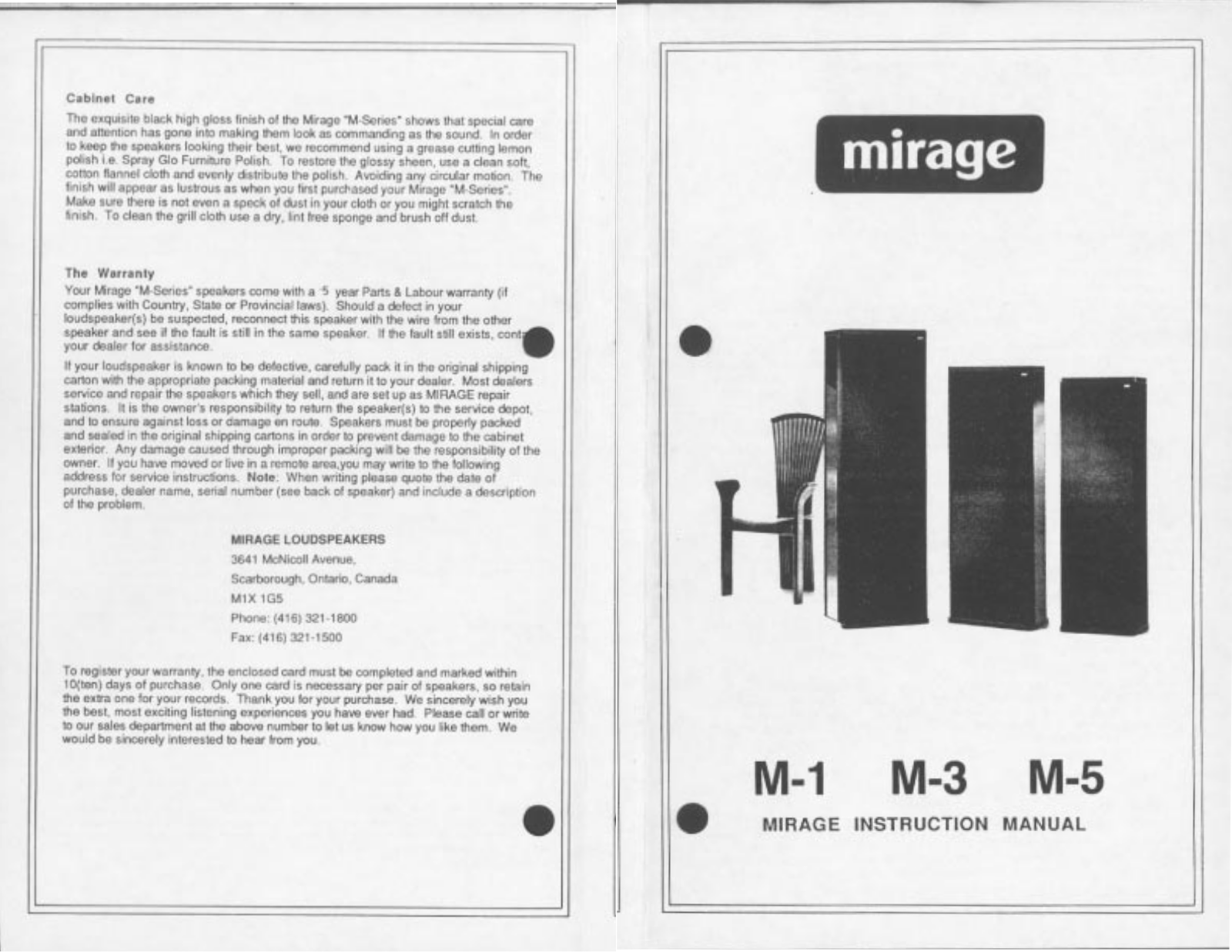 Mirage Speakers M5, M1, M3 User Manual