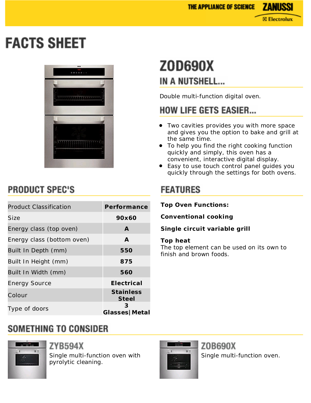 Zanussi ZOD690X facts sheet