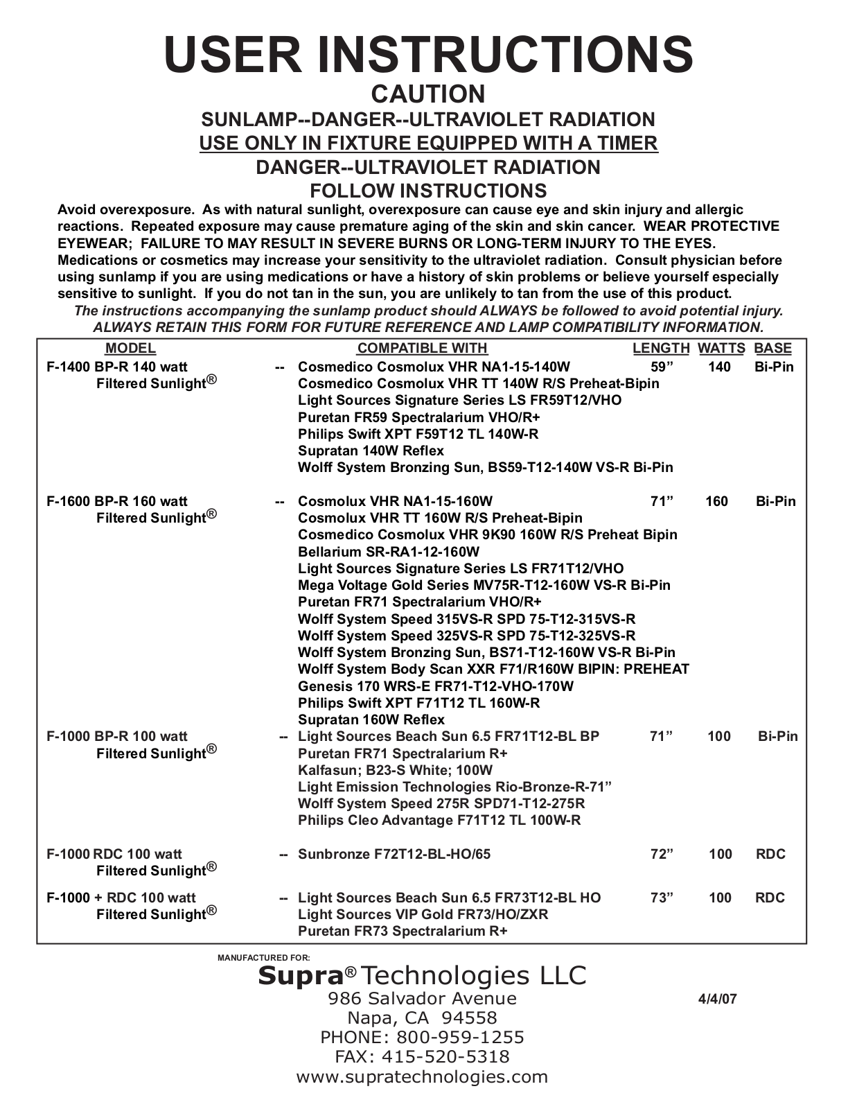 Supra F-1000  RDC, F-1400 BP-R, F-1600 BP-R, F-1000 BP-R User Manual