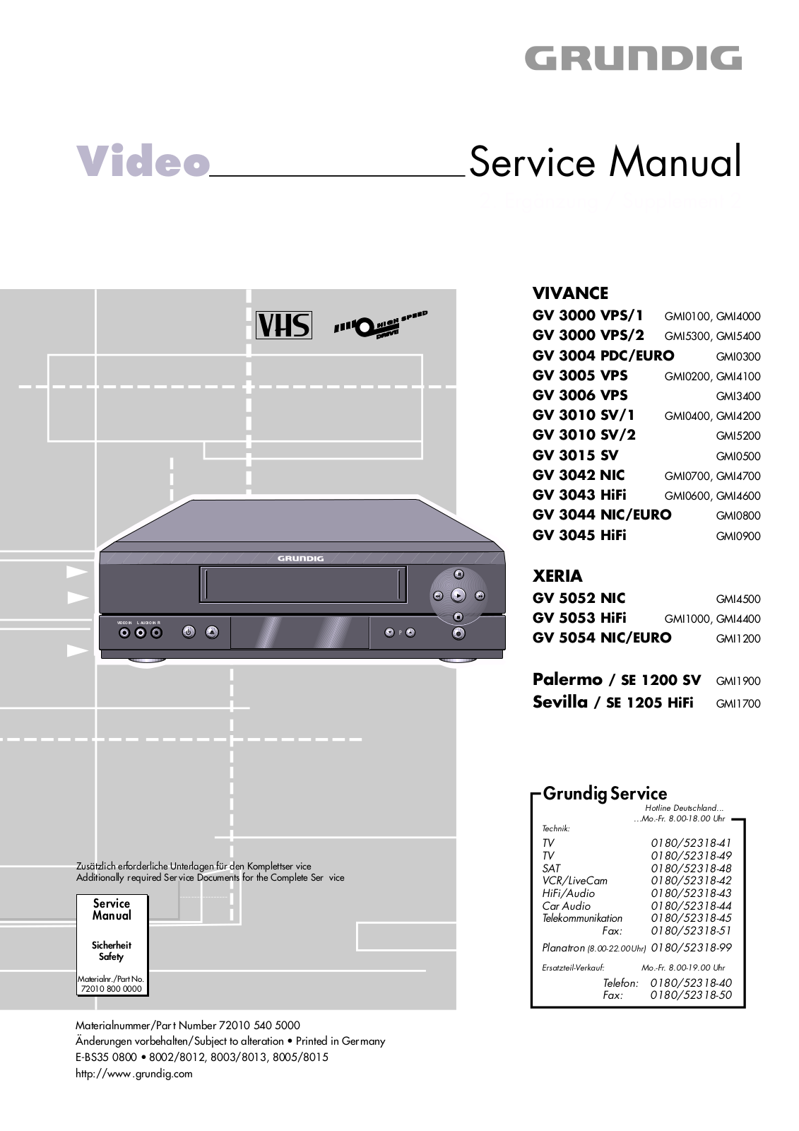 Grundig GV 5052 NIC, SE 1205 HiFi, SE 1200 SV, GV 5054 NIC-EURO, GV 5053 HiFi Service Manual