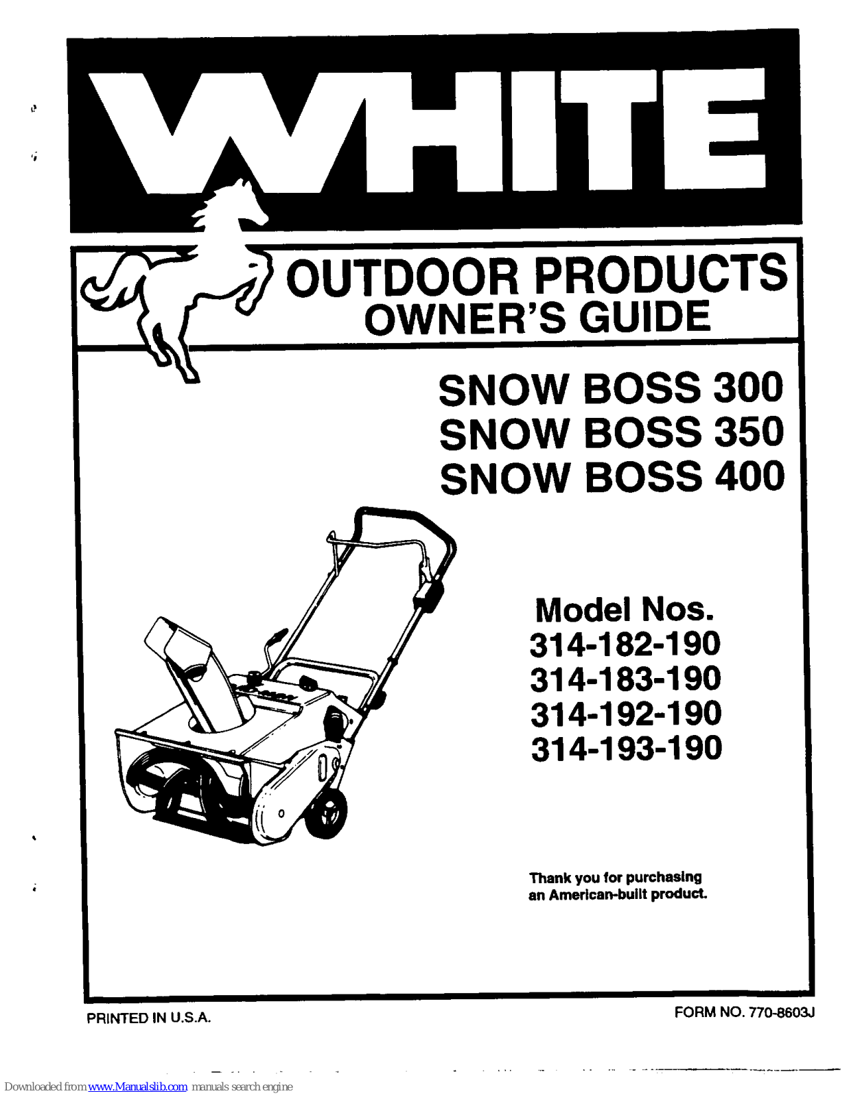 White Outdoor snow boss 300, snow boss 350, snow boss 400 Owner's Manual