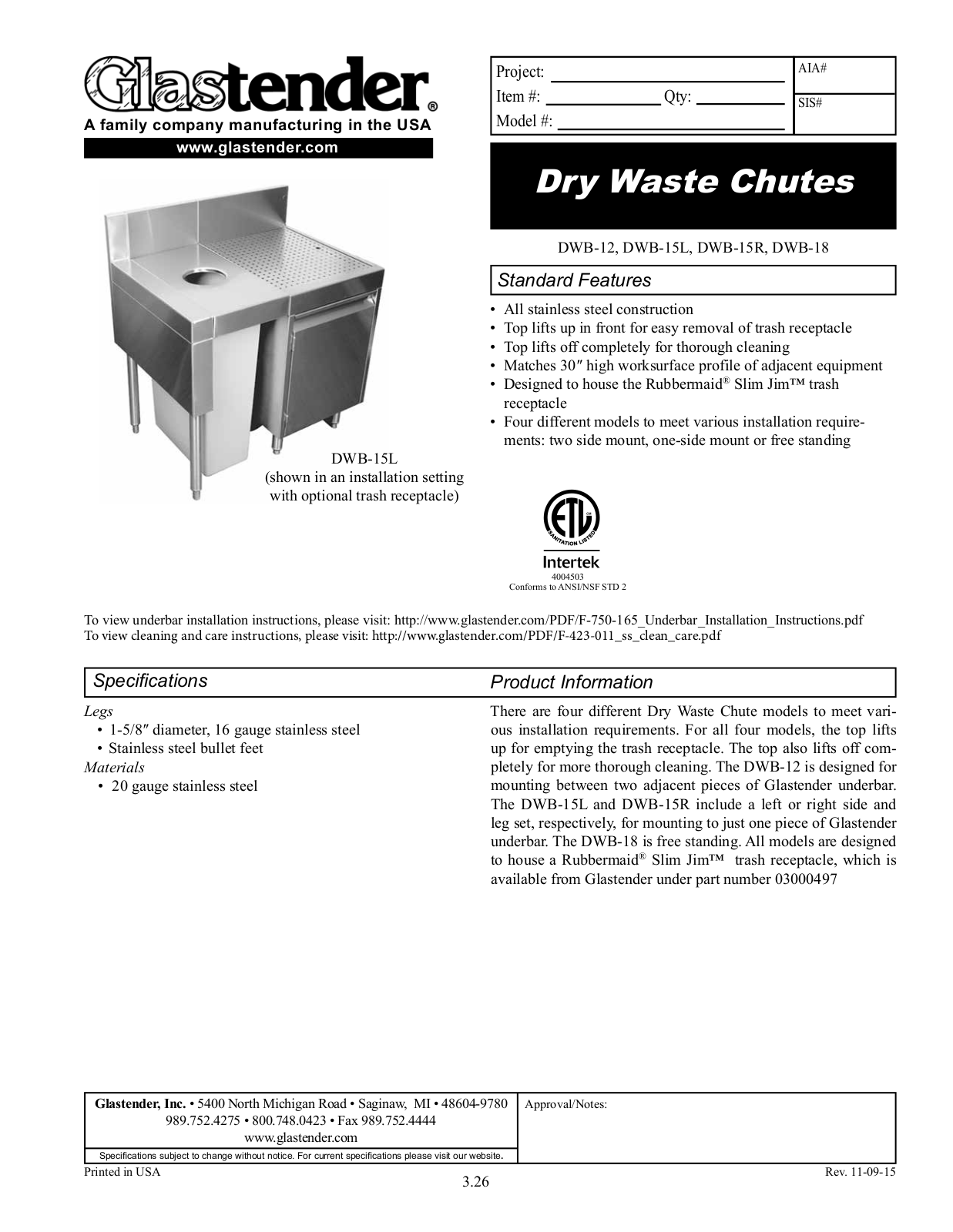 Glastender DWB-12 User Manual