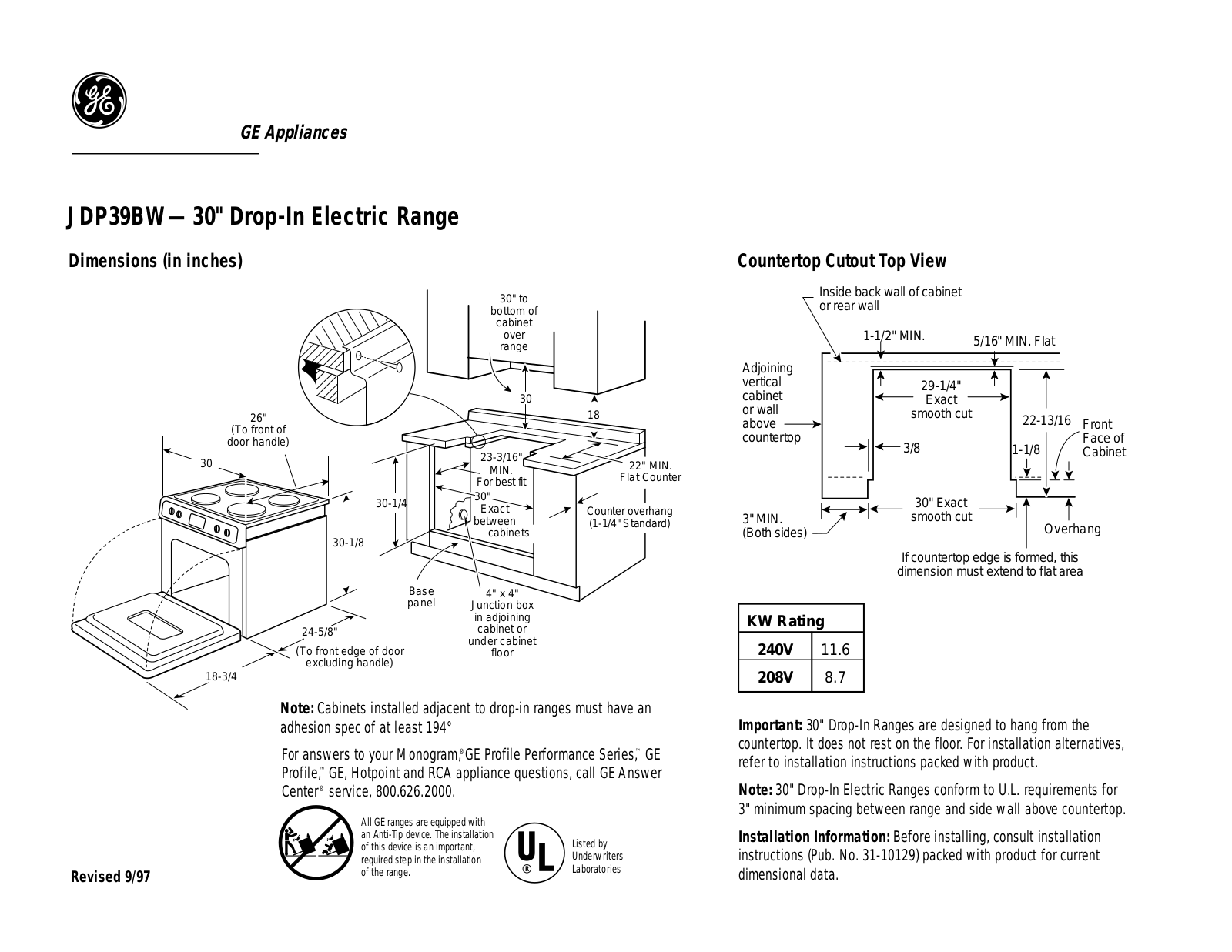 GE JDP39BW Specification