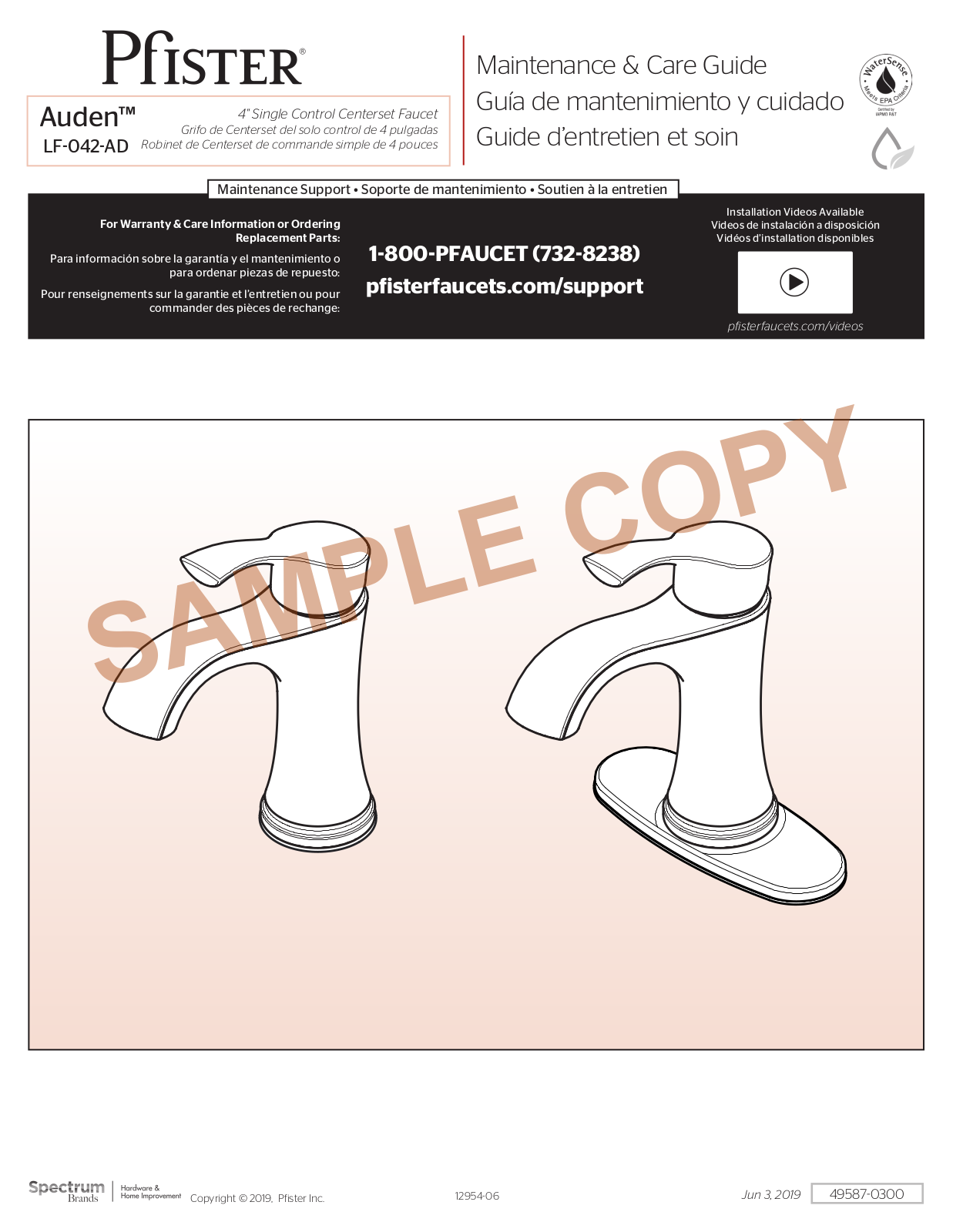 Pfister Auden LF-042-AD, Pasadena LF-049-PD Maintenance & Care Manual