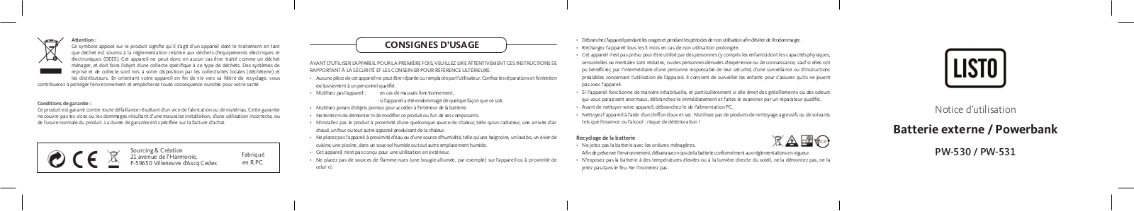 Listo PW-530, PW-531 User Manual