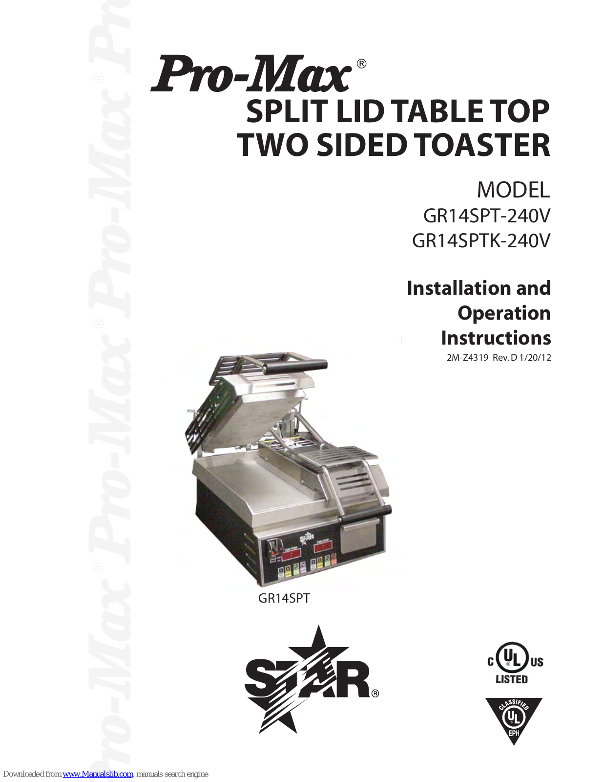 Star Pro-Max GR14SPT, Pro-Max GR14SPTK Installation And Operation Instructions Manual