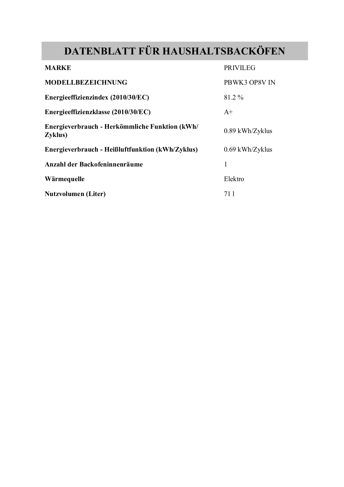 Privileg PBWK3 OP8V IN User Manual