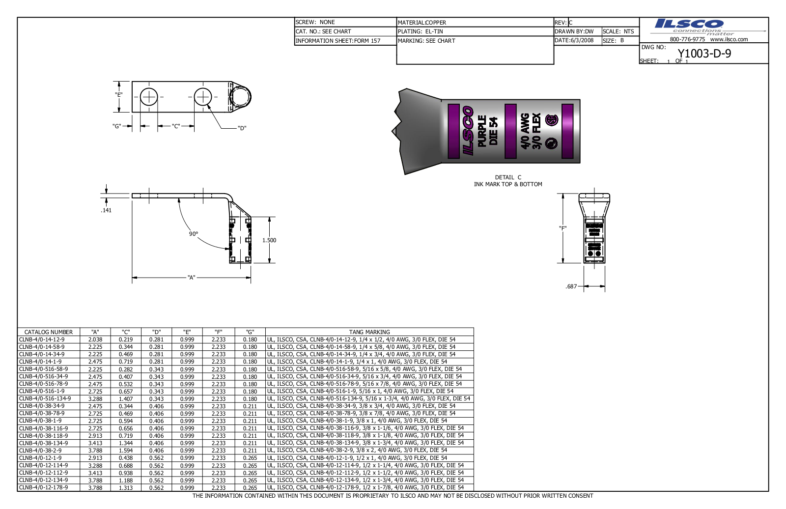 Ilsco CLNB-4/0-12-134-9 Data sheet