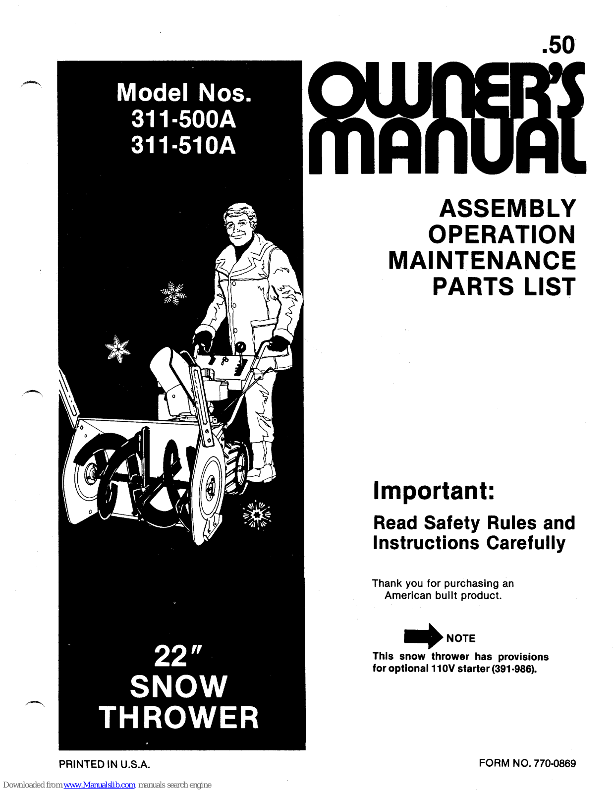 MTD 311-500A, 311-510A Owner's Manual