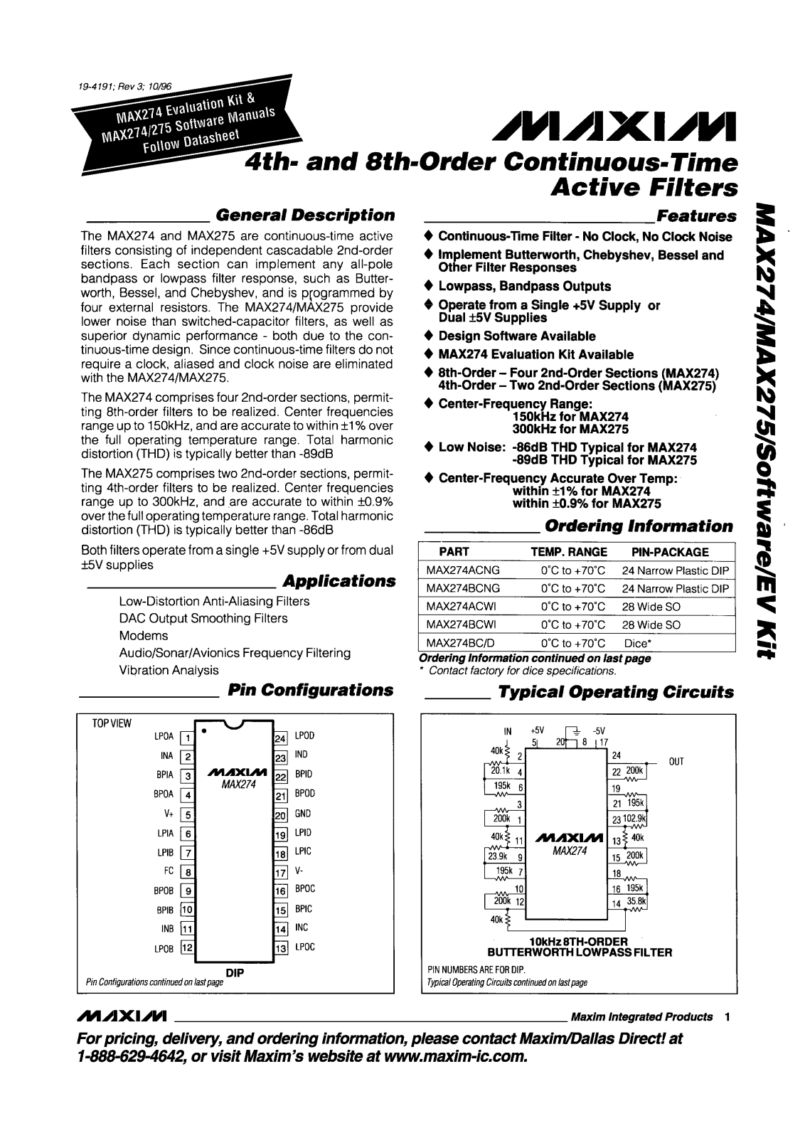 Maxim MAX275BCPP, MAX275BC-D, MAX275AMJP, MAX275AEWP, MAX275ACPP Datasheet