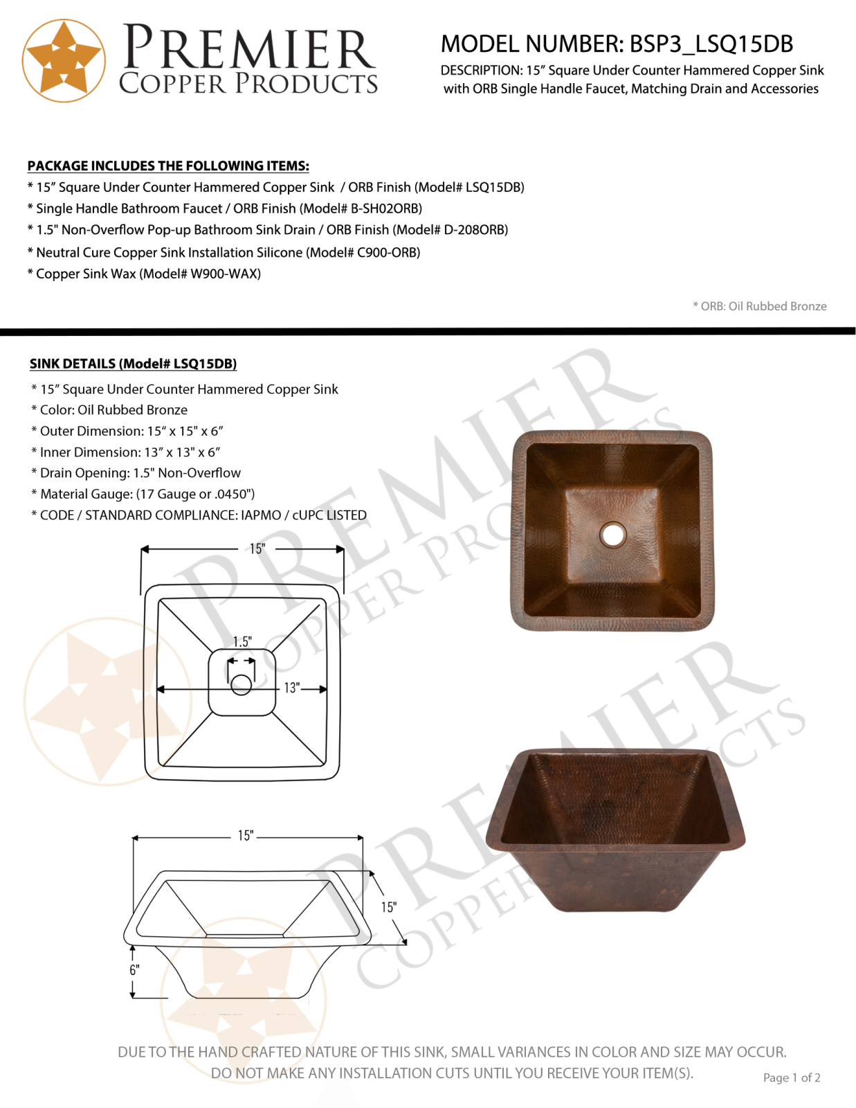 Premier Copper Products IER1636 Specifications - ManualMachine.com