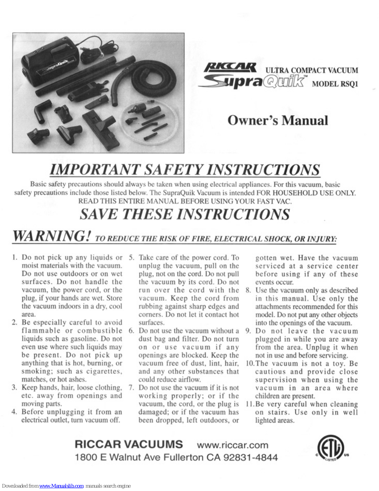 Riccar SUPRAQUIK RSQ1 Owner's Manual