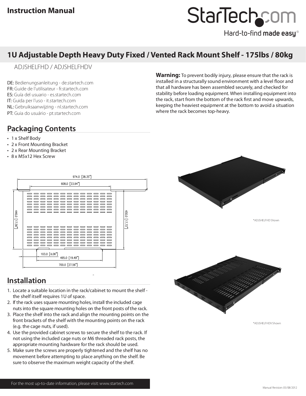 StarTech.com ADJSHELFHDV User Manual