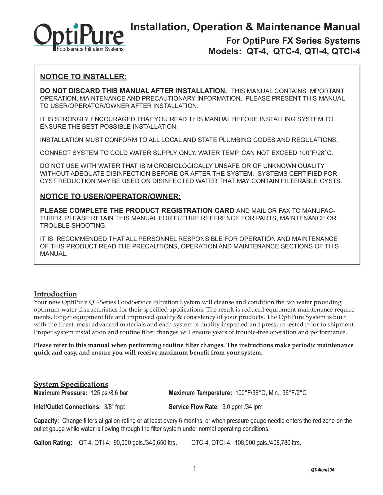 OptiPure QT-4 Installation  Manual