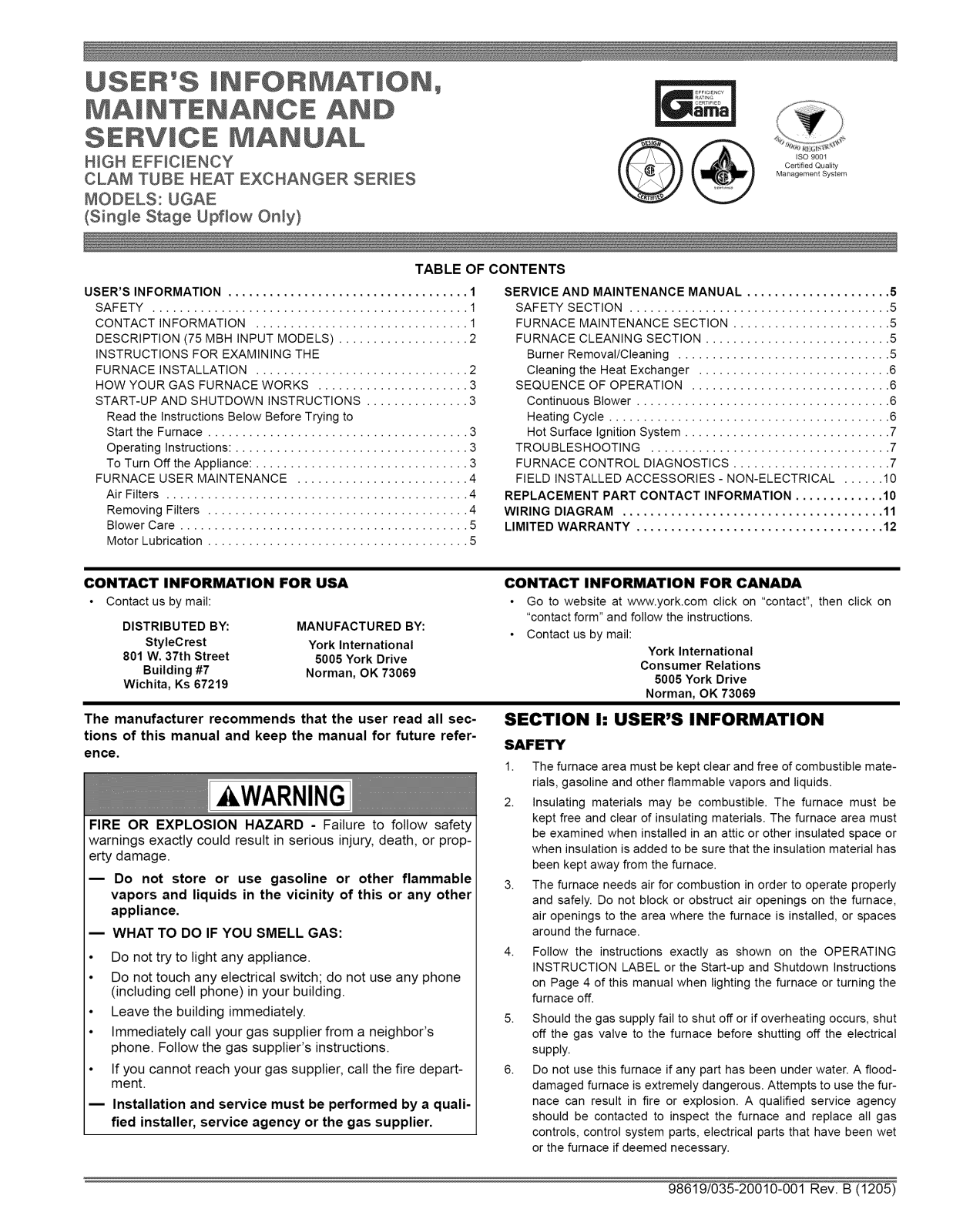 Coleman UGAE075BUG, UGAE075BUH, UGAE075BUB, UGAE075BUA Owner’s Manual