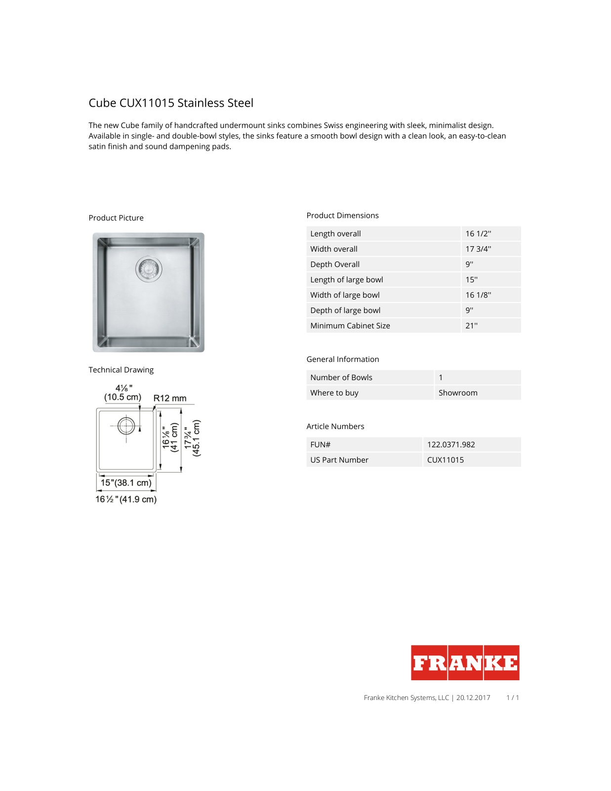 Franke CUX110-15 Specifications