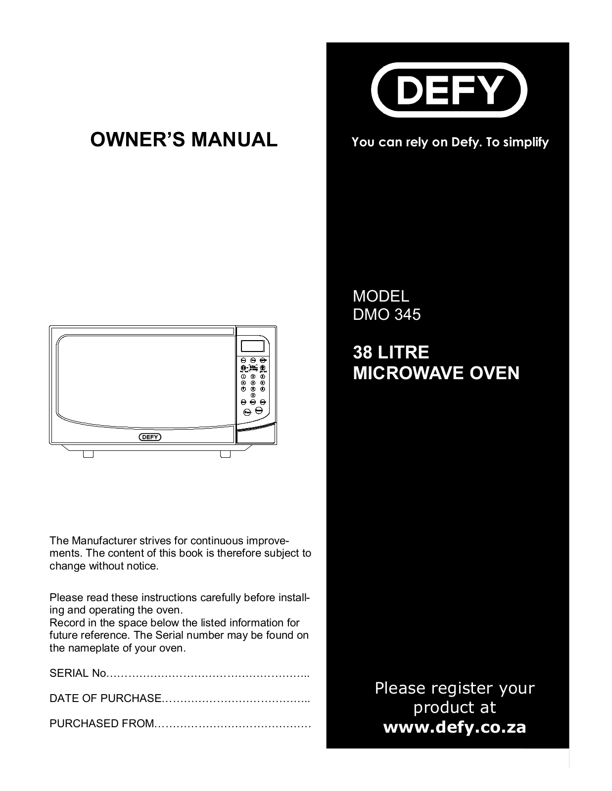 Defy Appliances DMO 345 User Manual