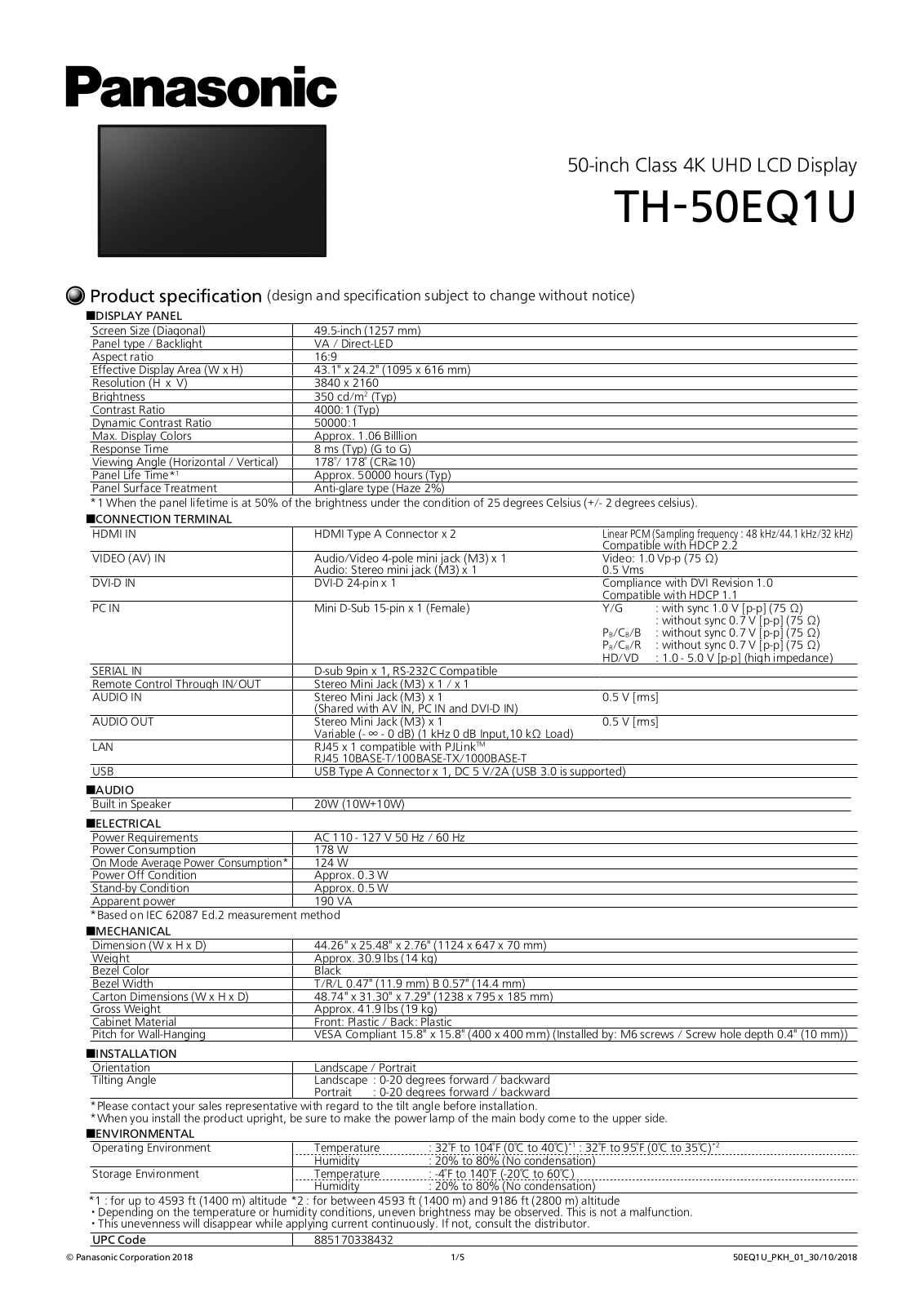 Panasonic TH-50EQ1U Specifications