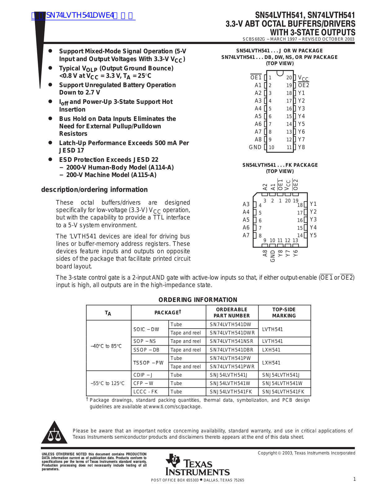 TEXAS INSTRUMENTS SN54LVTH541, SN74LVTH541 Technical data