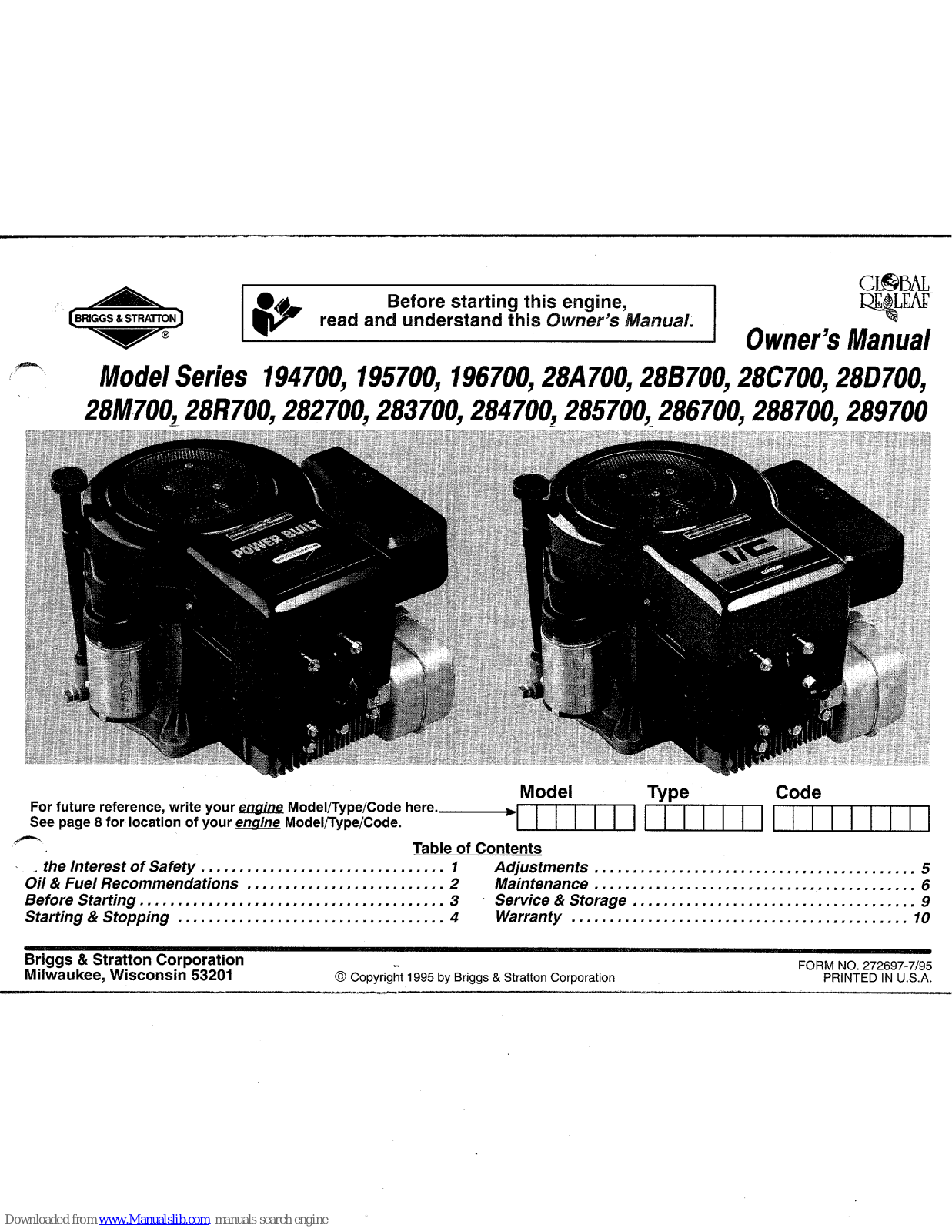 Briggs & Stratton 196700, 195700, 28C700, 28D700, 28M700 Owner's Manual