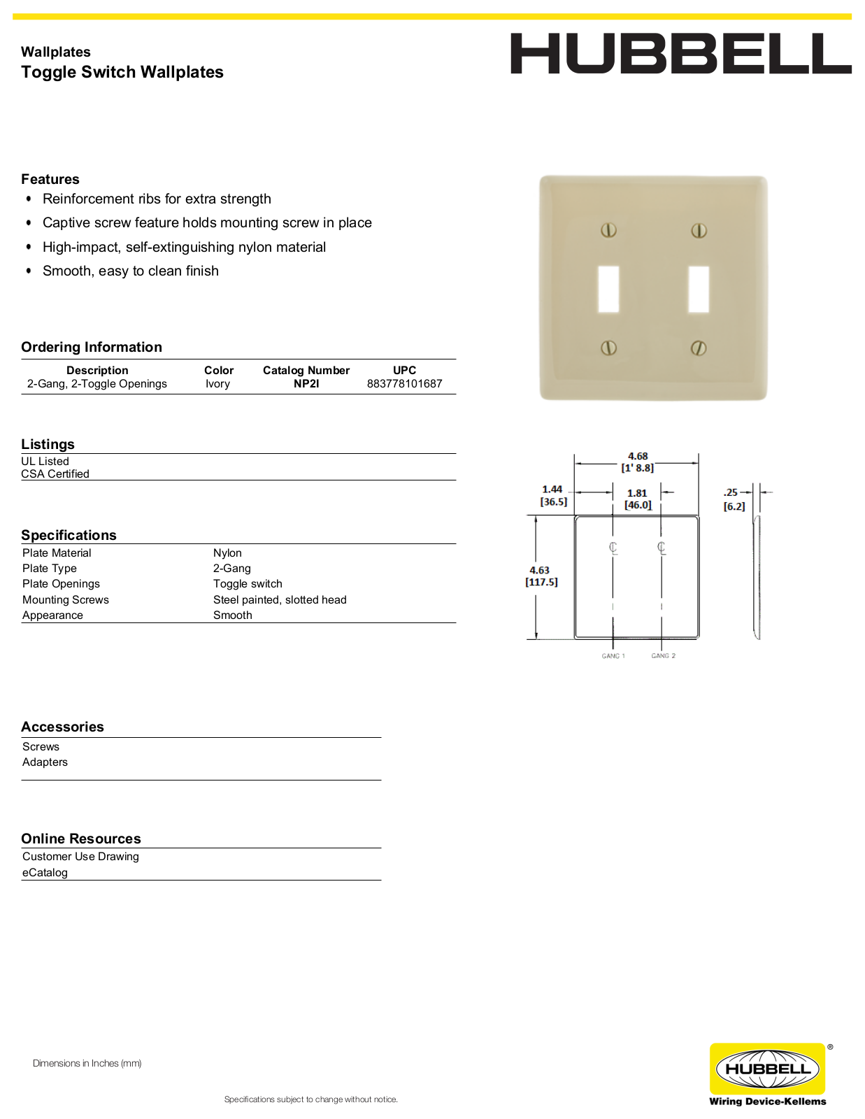 Hubbell NP2I Specifications