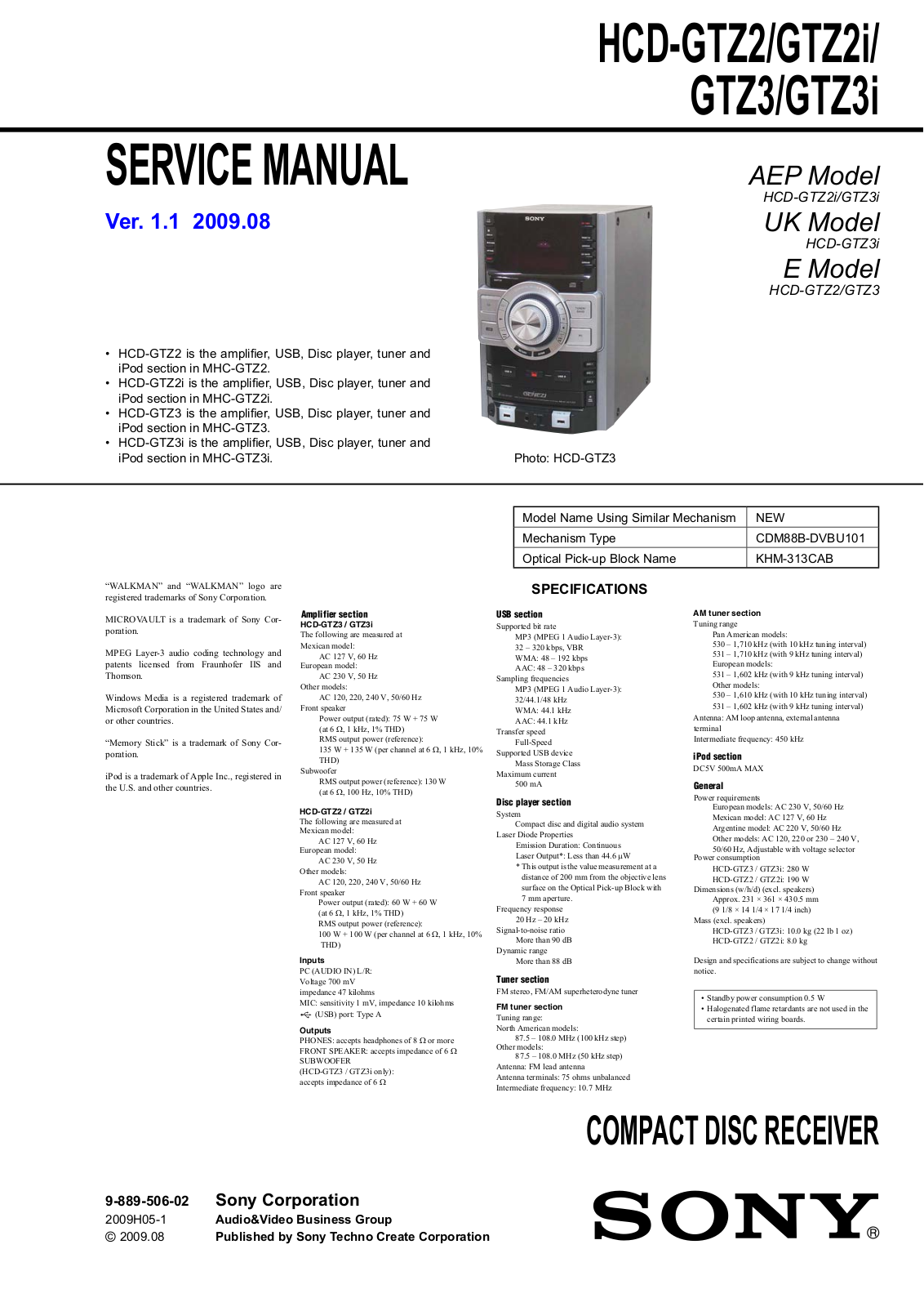 SONY HCD-GTZ2, HCD-GTZ2i, HCD-GTZ3, HCD-GTZ3i Service Manual