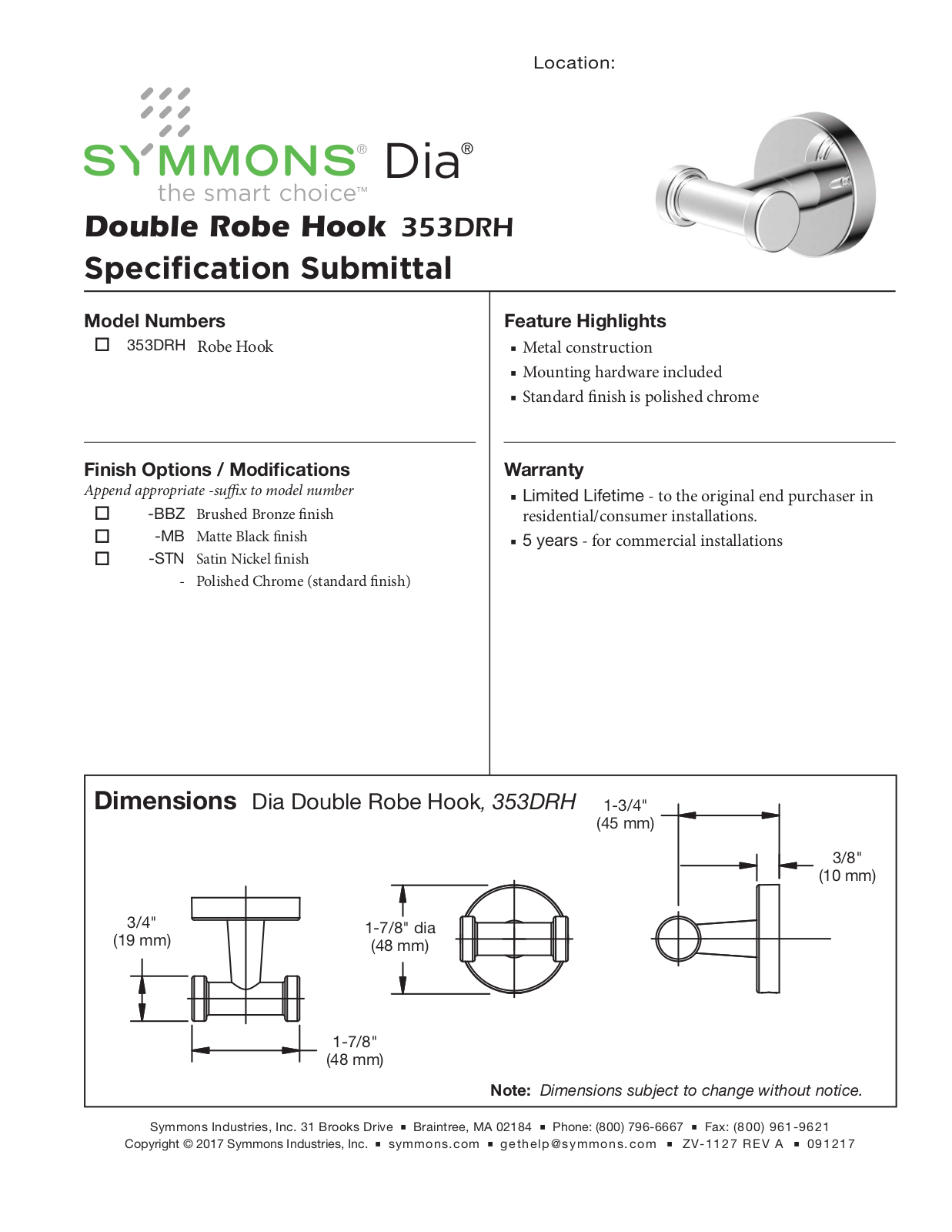 Symmons SYM1196 Specifications - ManualMachine.com