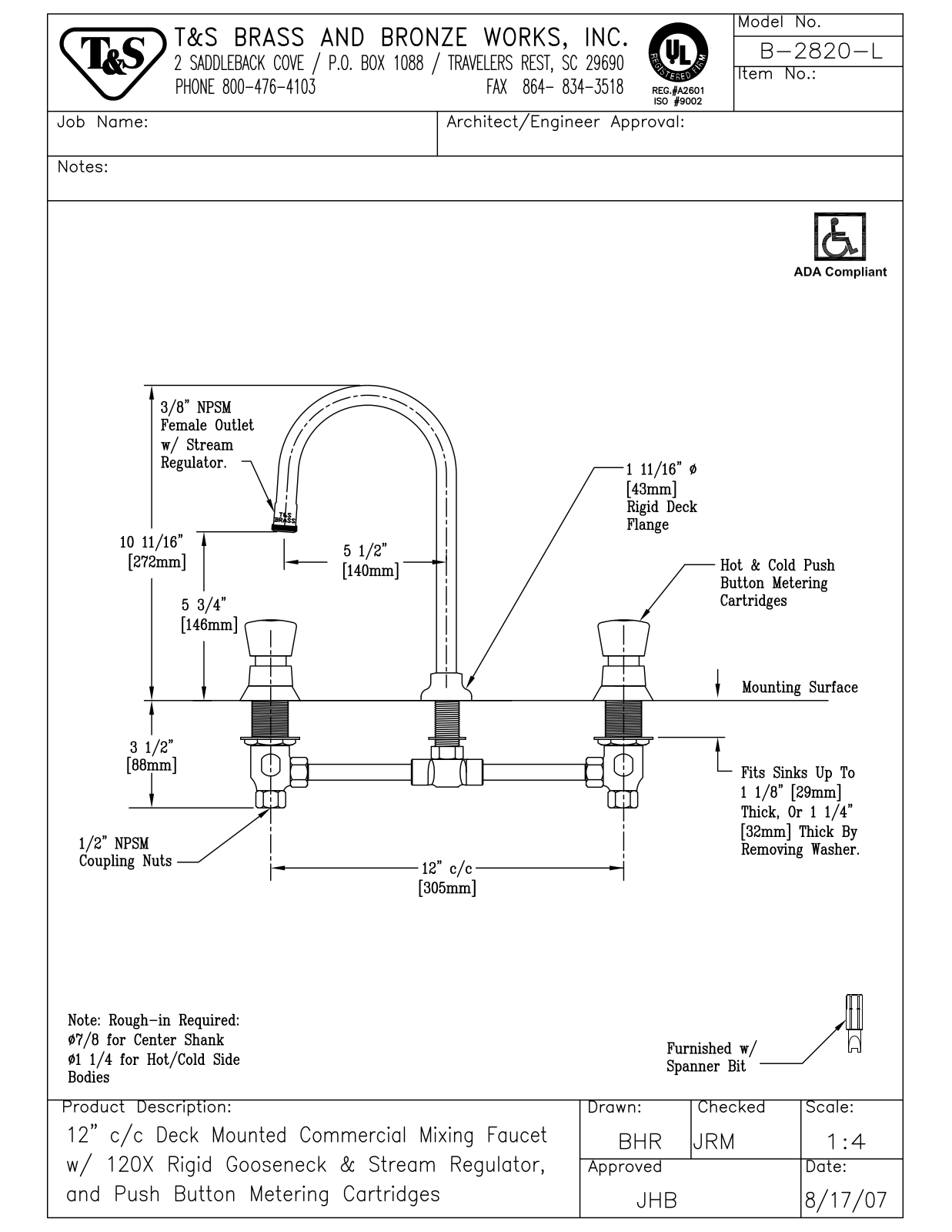 T&S Brass Manuals B-2820-L User Manual