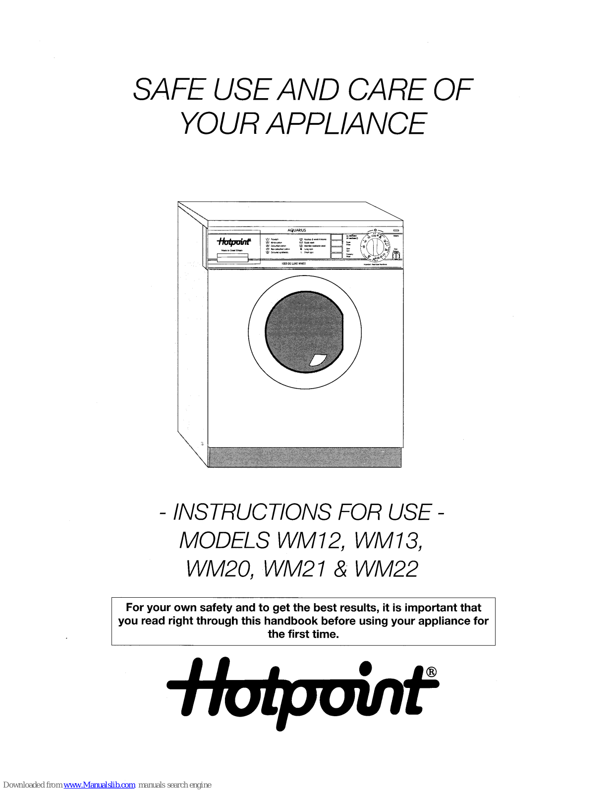 Hotpoint WM13, WM20, WM21, WM22 Instructions For Use Manual