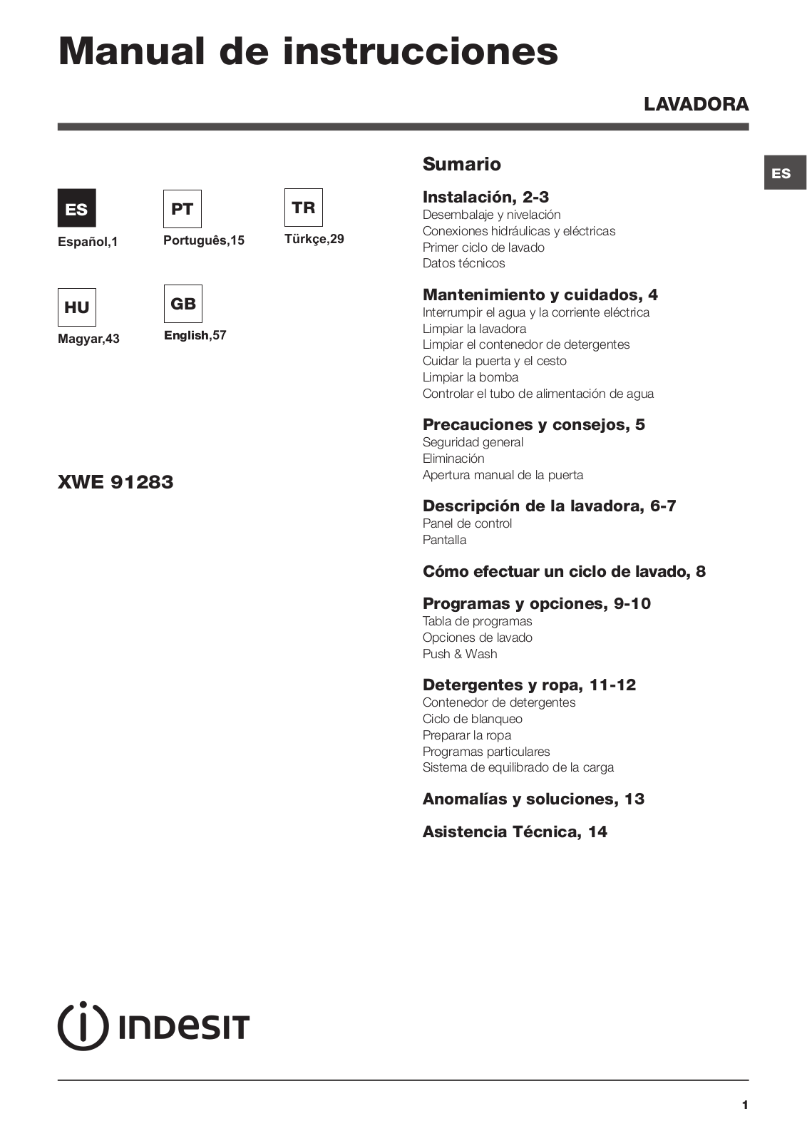 Indesit XWE 91283 User Manual