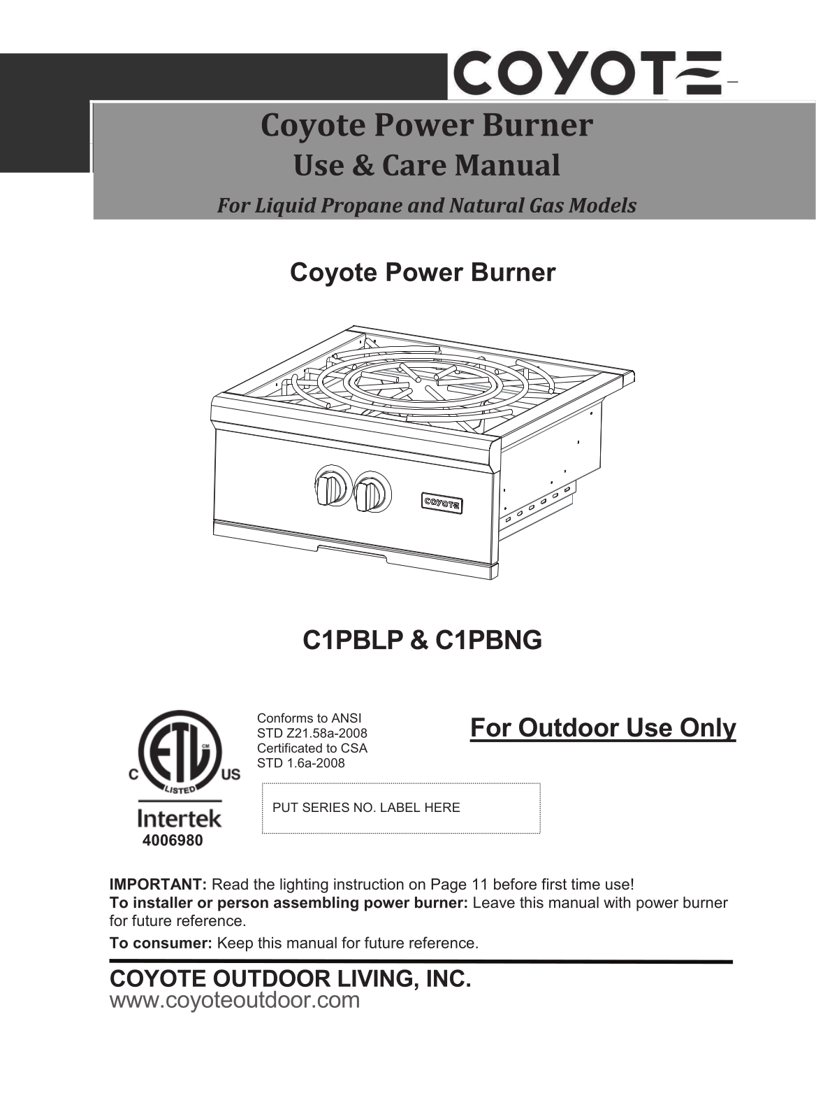 Coyote C1PBLP, C1PBNG User Manual