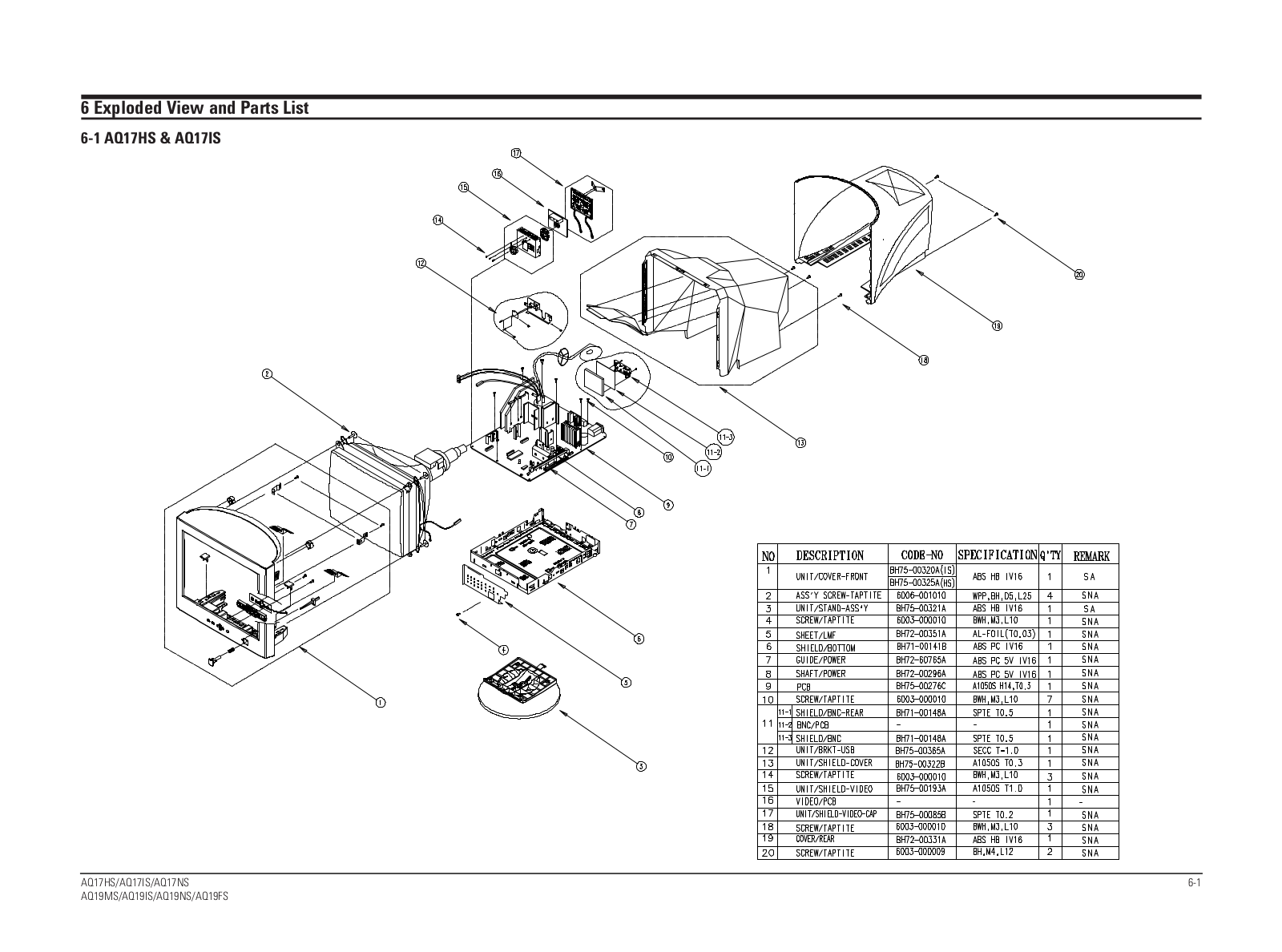 Samsung AQ17HS-IS-NS, AQ19MS-IS-NS-FS Expoioded View and Parts List