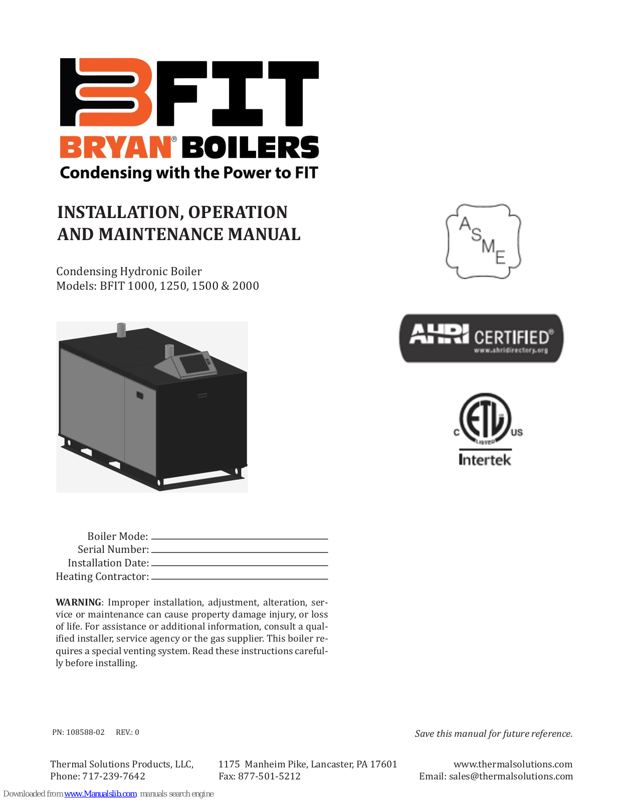 Bryant BFIT 1000, BFIT 1500, BFIT 1250, BFIT 2000 Installation, Operation And Maintenance Manual