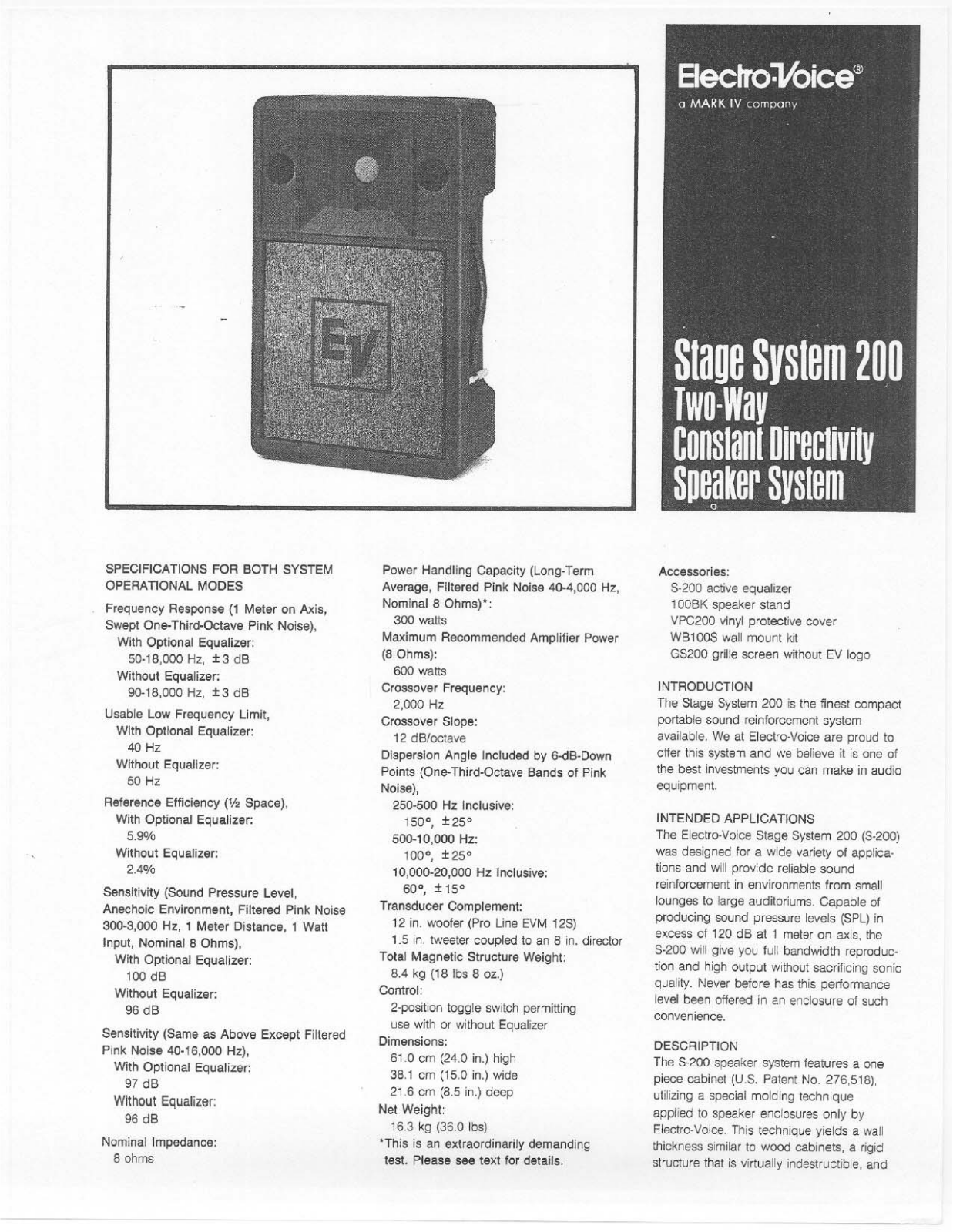 Electro-voice STAGE SYSTEM 200 DATASHEET