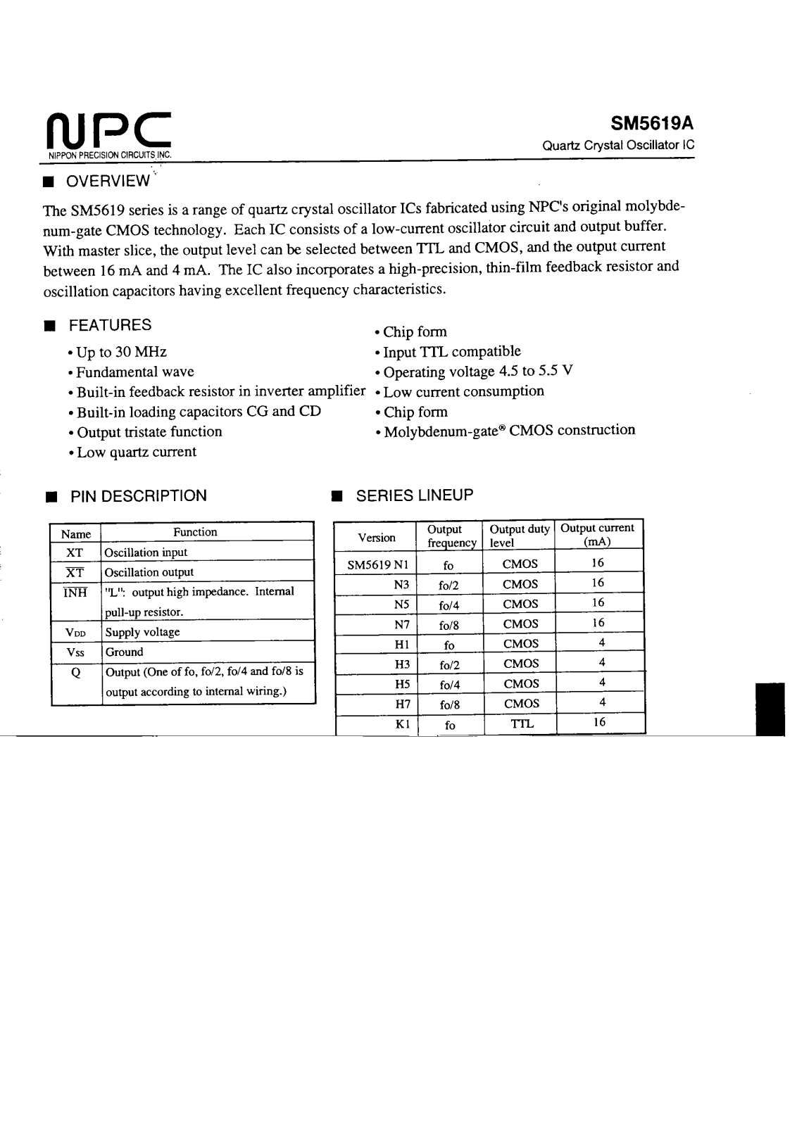 NPC SM5619H1, SM5619H3, SM5619H5, SM5619H7, SM5619K1 Datasheet