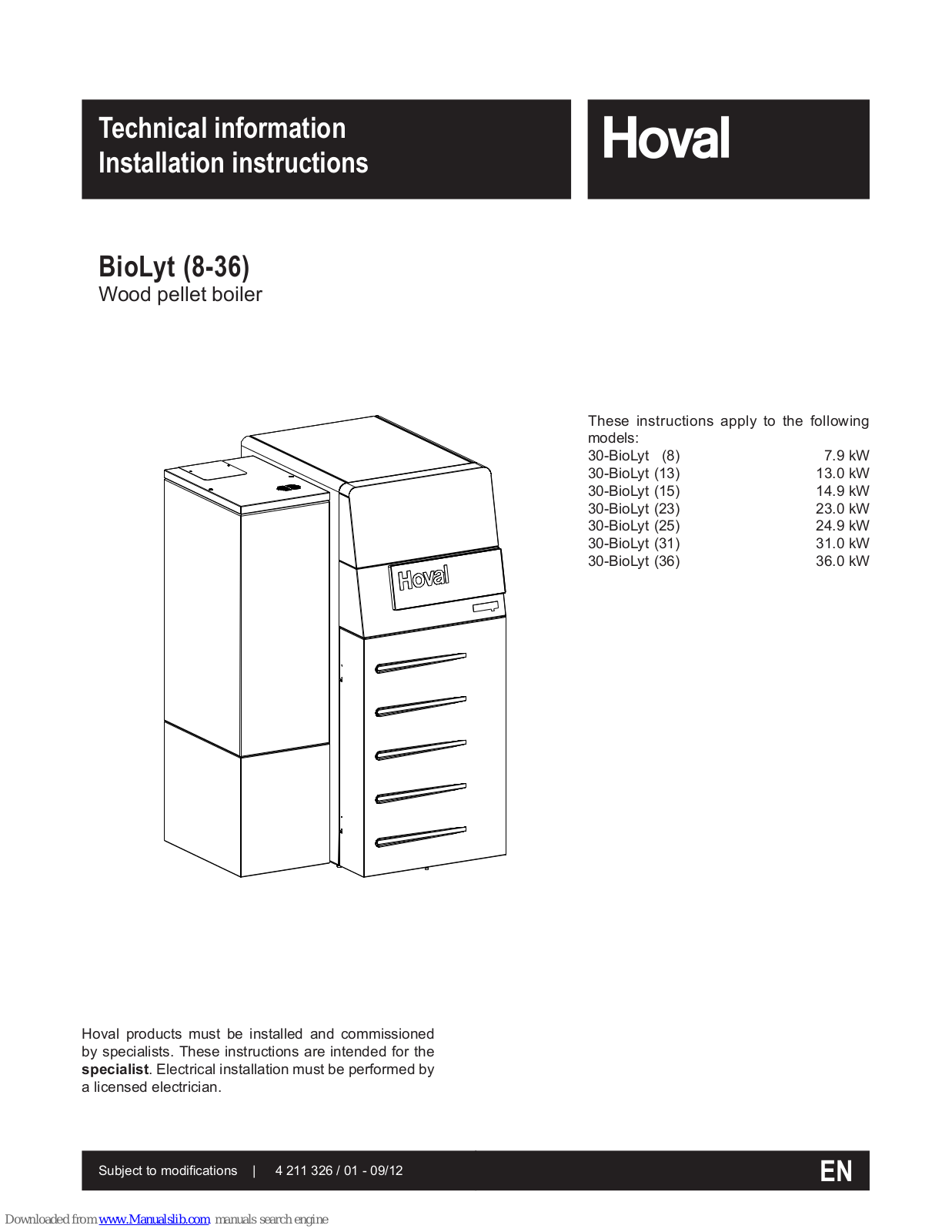 Hoval 30-BioLyt 8, 30-BioLyt 13, 30-BioLyt 15, 30-BioLyt 23, 30-BioLyt 25 Installation Instructions Manual