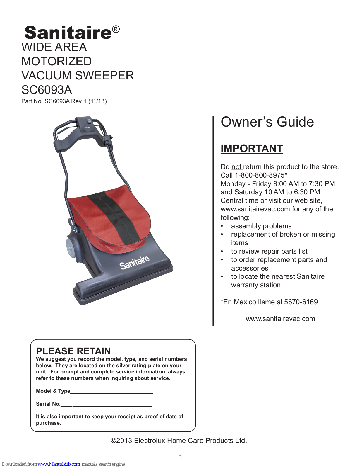 Sanitaire SC6093A Owner's Manual