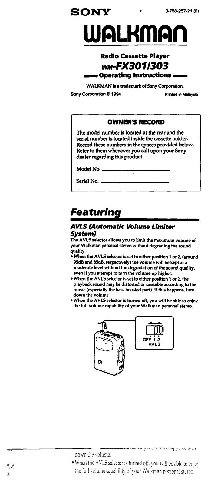 Sony WM-FX301 User Manual