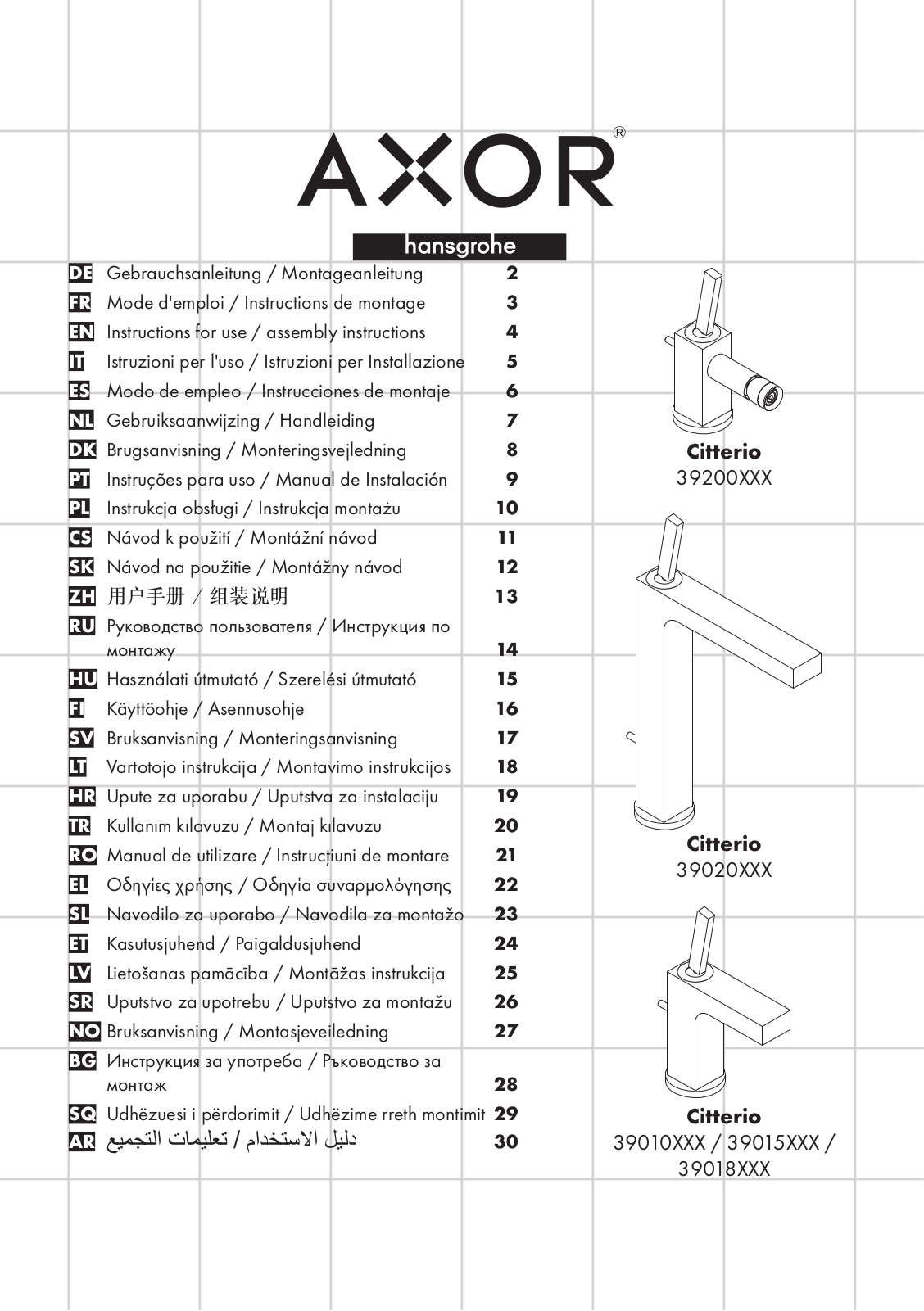 Hansgrohe 39200000, 39020000, 39010000, 39015000, 39018000 Instructions For Use/assembly Instructions