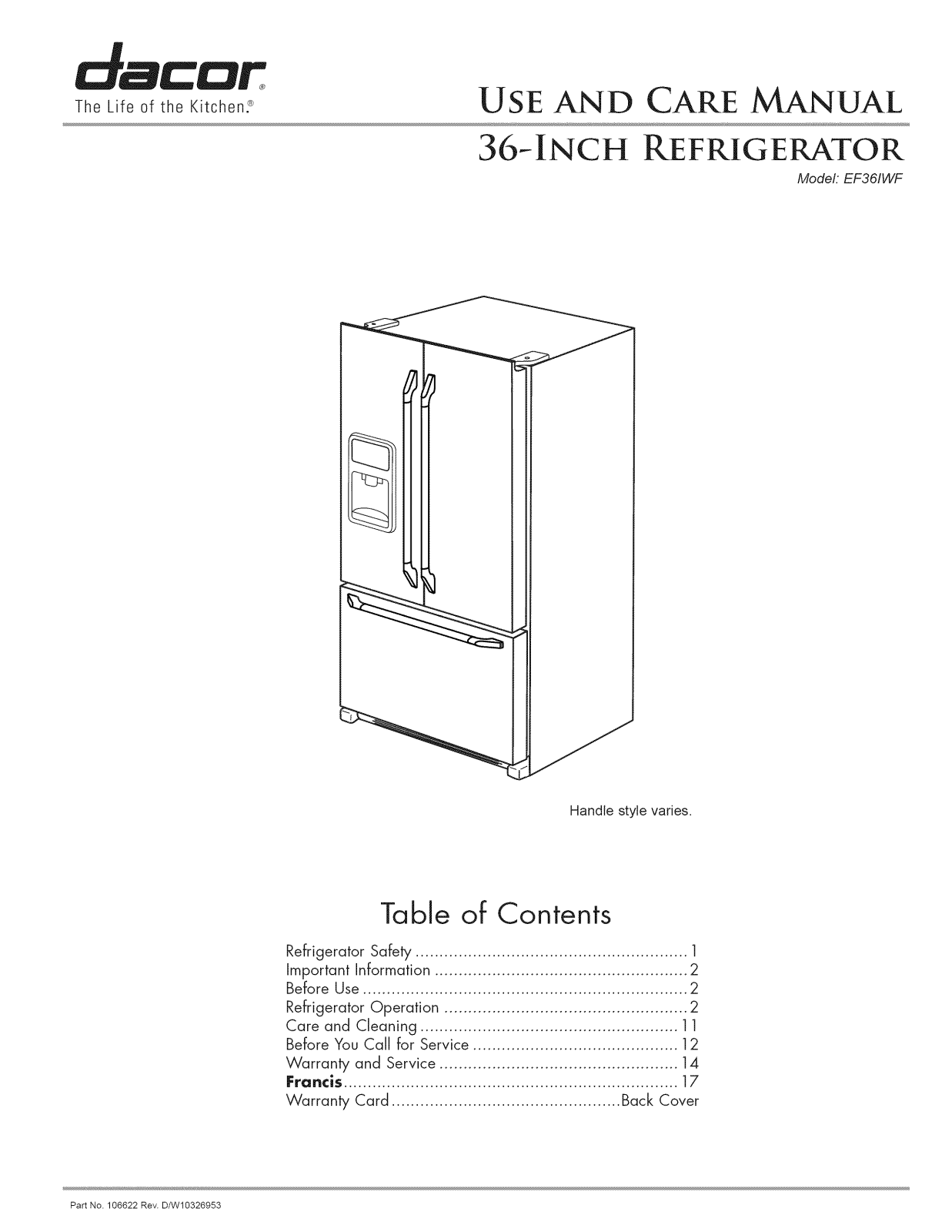 Dacor EF36IWFSSS2, EF36IWFSSS1, EF36IWFSSS0, EF36IWFSS Owner’s Manual