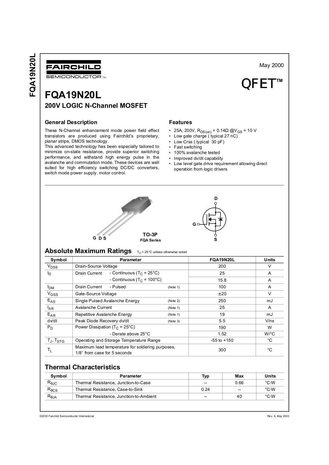 Fairchild Semiconductor FQA19N20L Datasheet