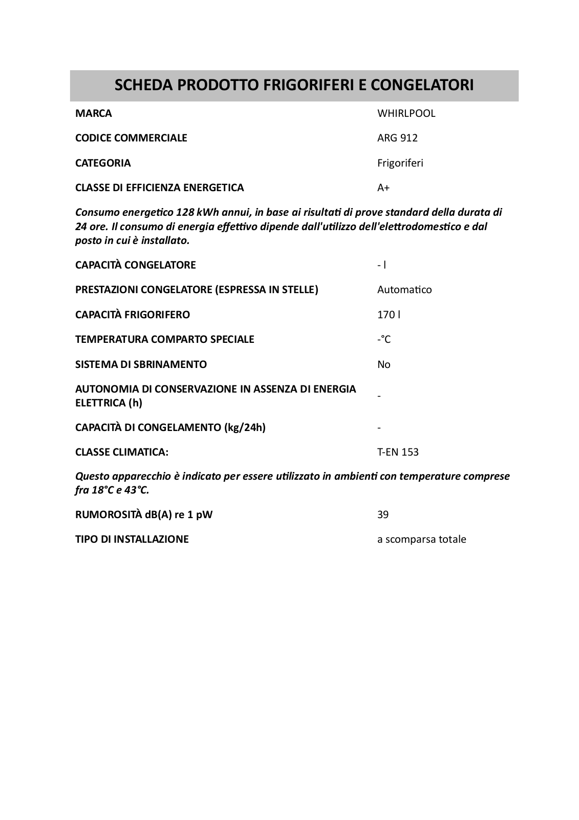 Whirlpool ARG 912 User Manual