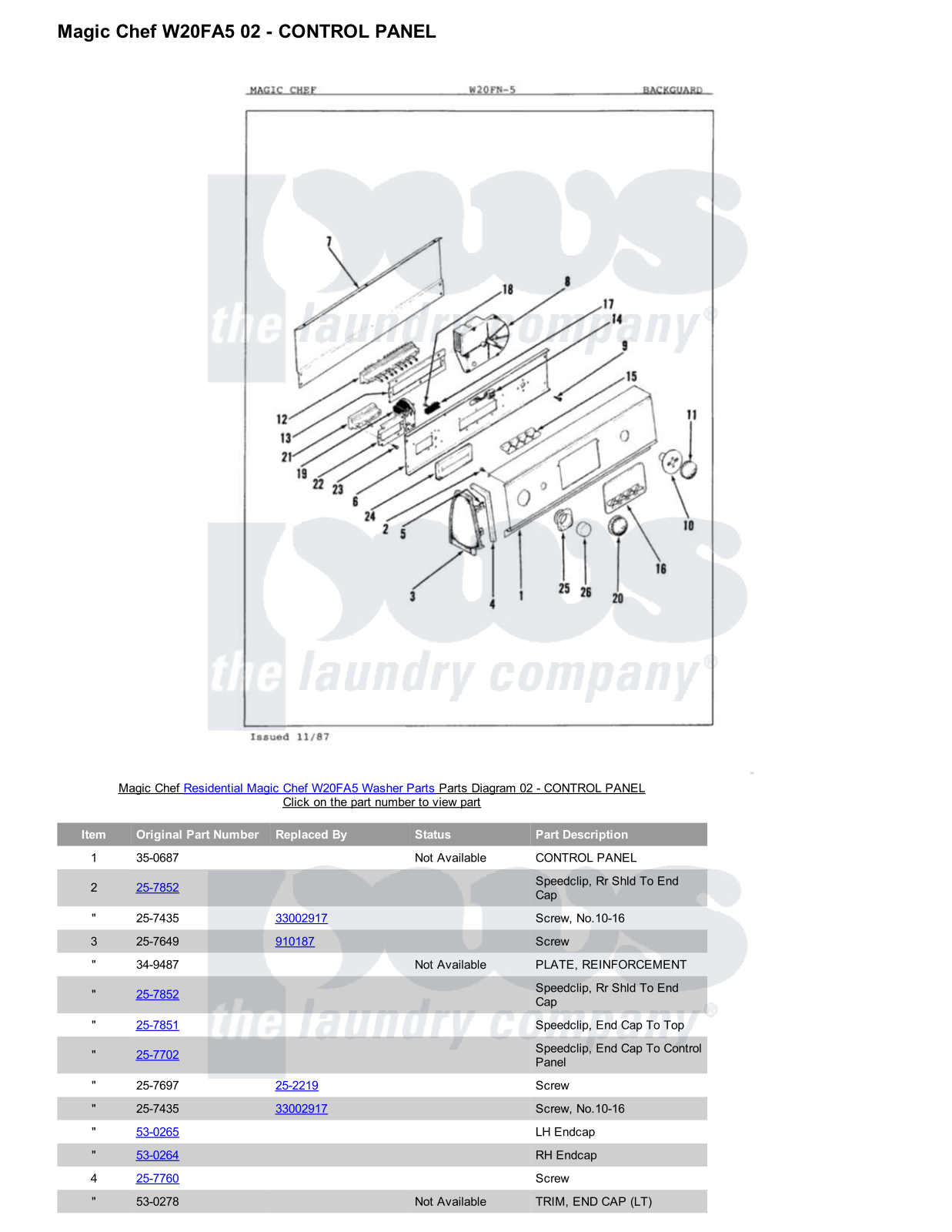 Magic Chef W20FA5 Parts Diagram