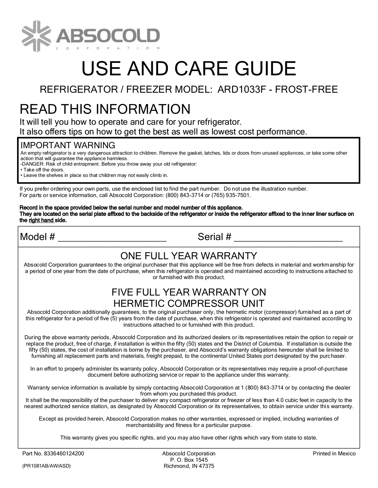 Absocold ARD1033FS Installation  Manual