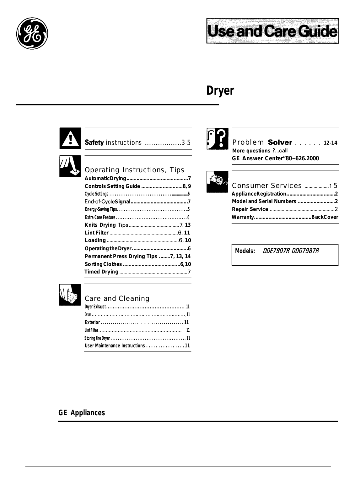 GE DDE7907R, DDG7987R Use and Care Manual