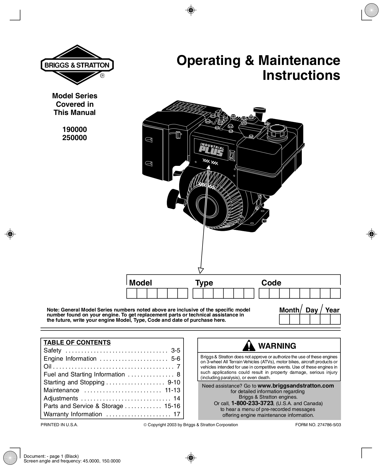 Briggs & Stratton 250000 User Manual